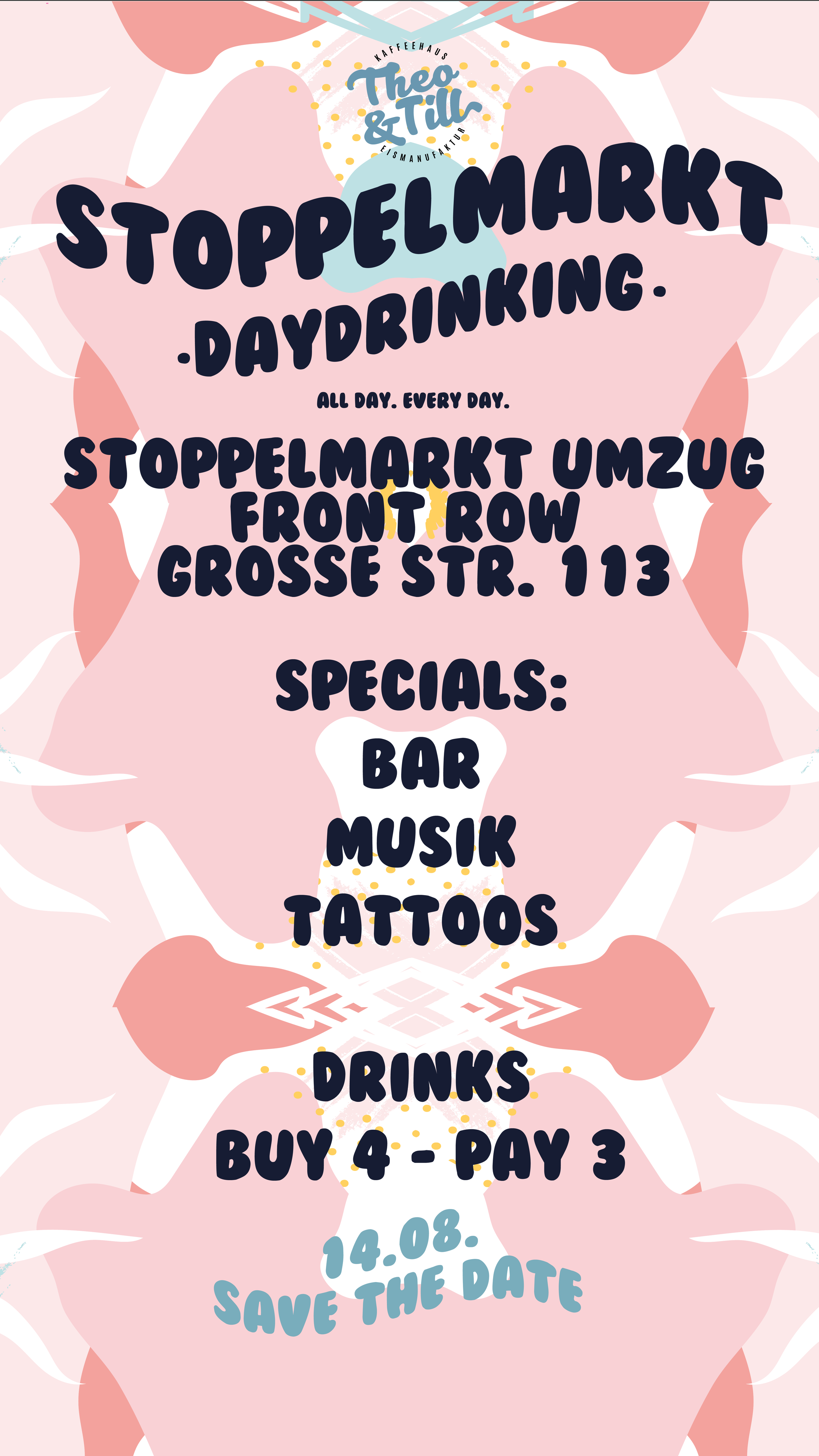 Ein Plakat für einen Stoppelmarkt mit Details zu Ort, Angeboten und Datum. Hinweis auf Bar, Musik, Tattoos und Getränke.