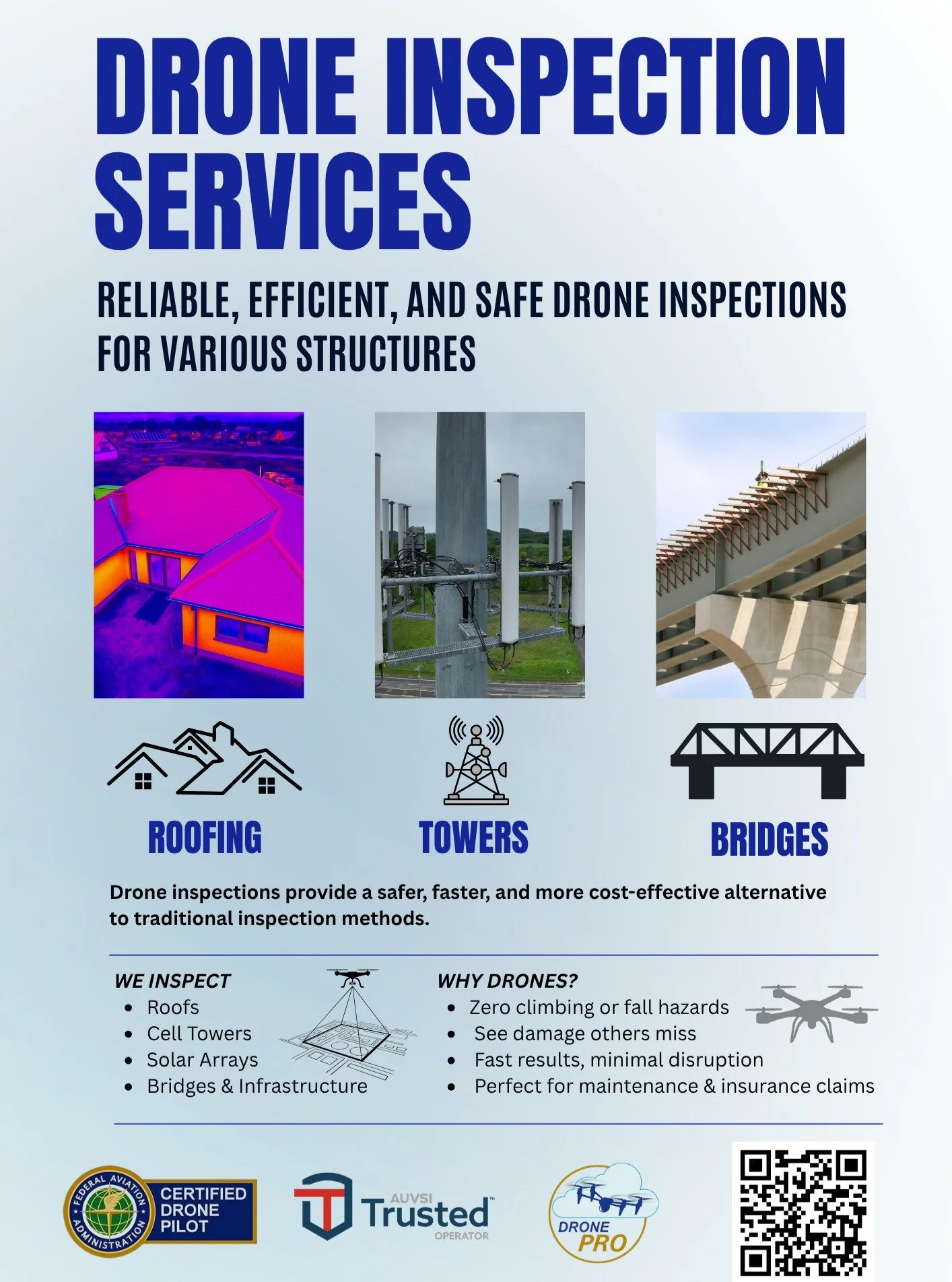 Professional Drone Inspections
Safer, faster, and more detailed than ever.

We provide high-resolution roof, cell tower, and bridge inspections using the DJI Mavic 3 Enterprise Series and Pix4D to create crystal-clear imagery, 4K video, and full 3D d