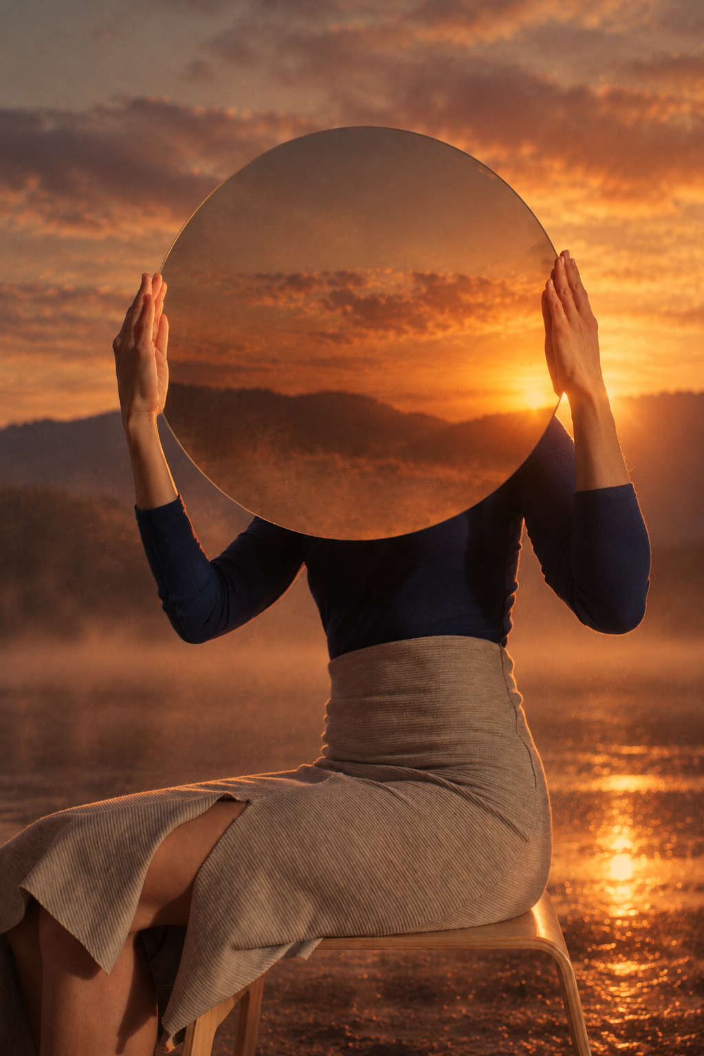Person holding a large transparent circular disc against a dramatic sunset over a lake