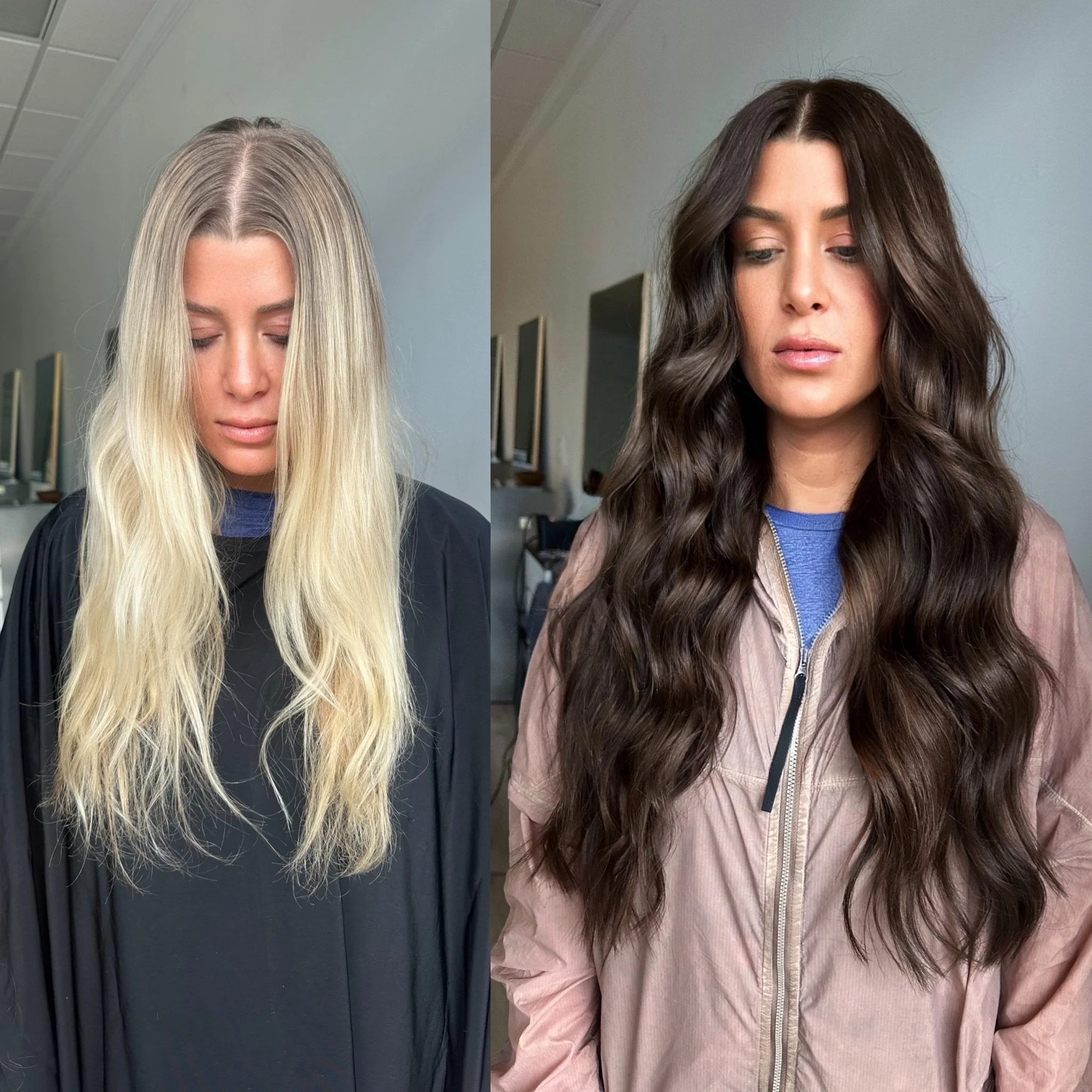 Side-by-side comparison of a woman's hair before and after a hair transformation, showing blond wavy hair on the left and dark brown wavy hair on the right.