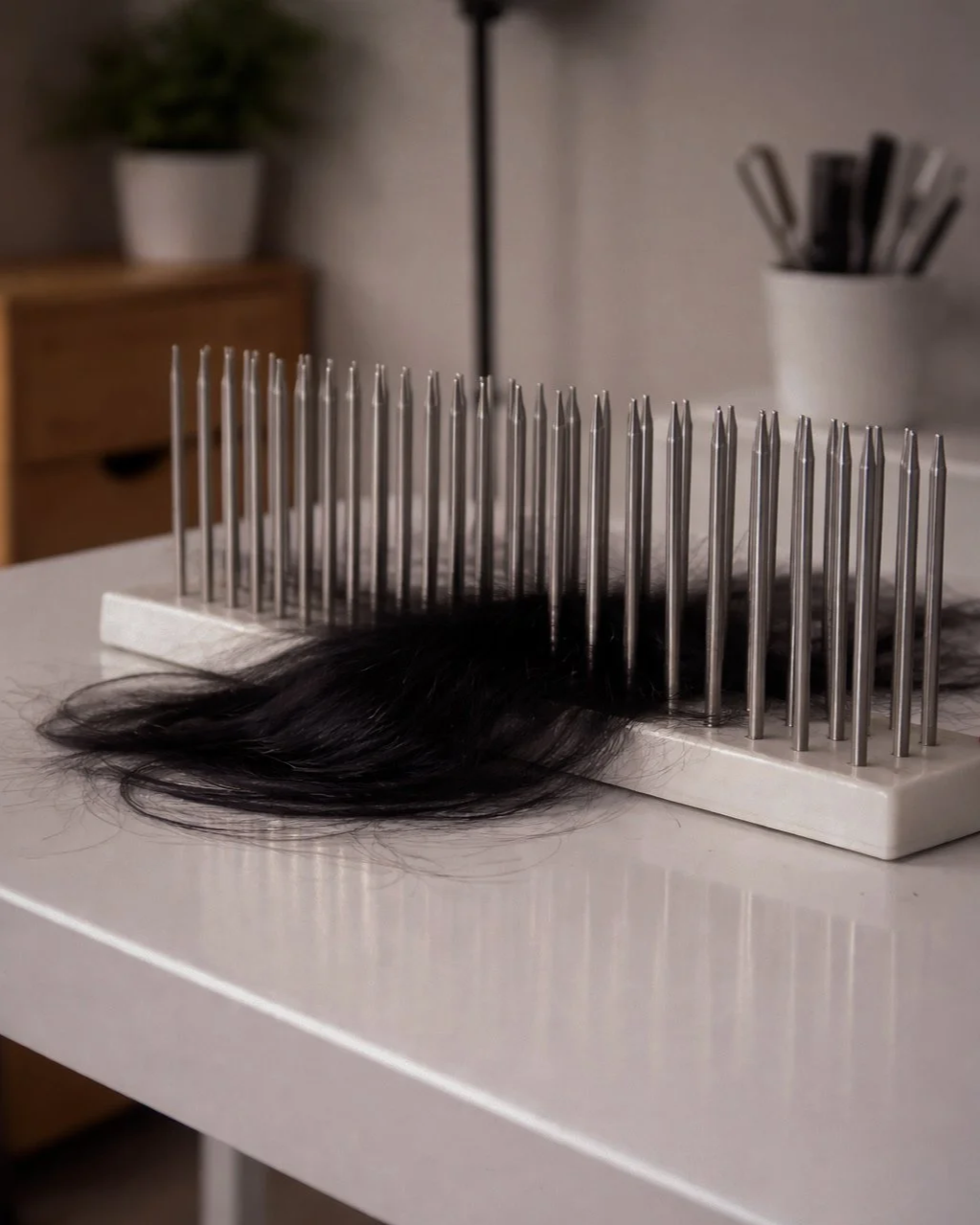 A wig of black hair on a white table inside a metal wig stand with metal pins. In the background, there's a wooden drawer and a white pot with a plant, and another white pot with black objects.