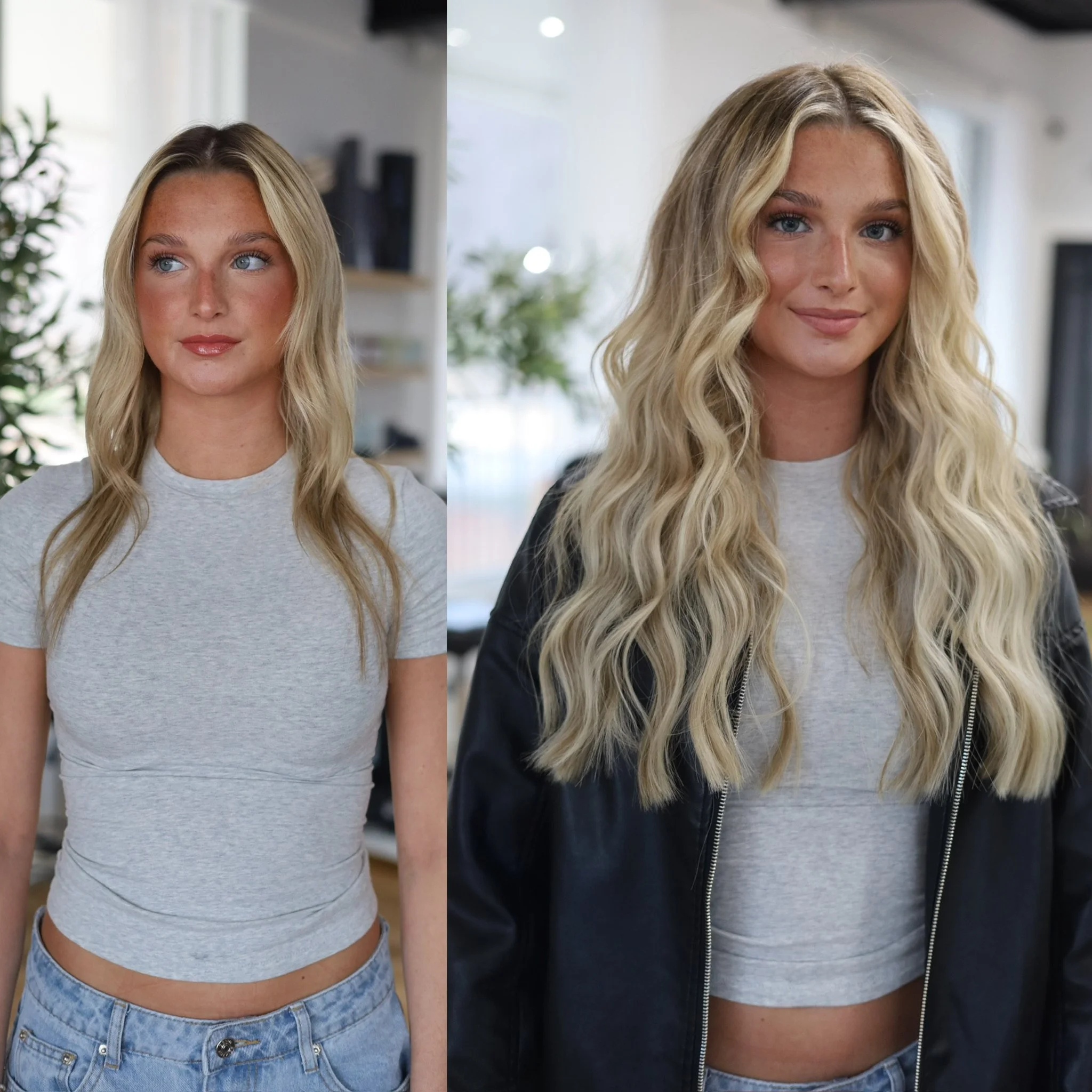 Side-by-side comparison of a woman before and after hair styling. Left shows her with loose, wavy blonde hair and casual outfit, right shows her with more defined, voluminous curls and a leather jacket.