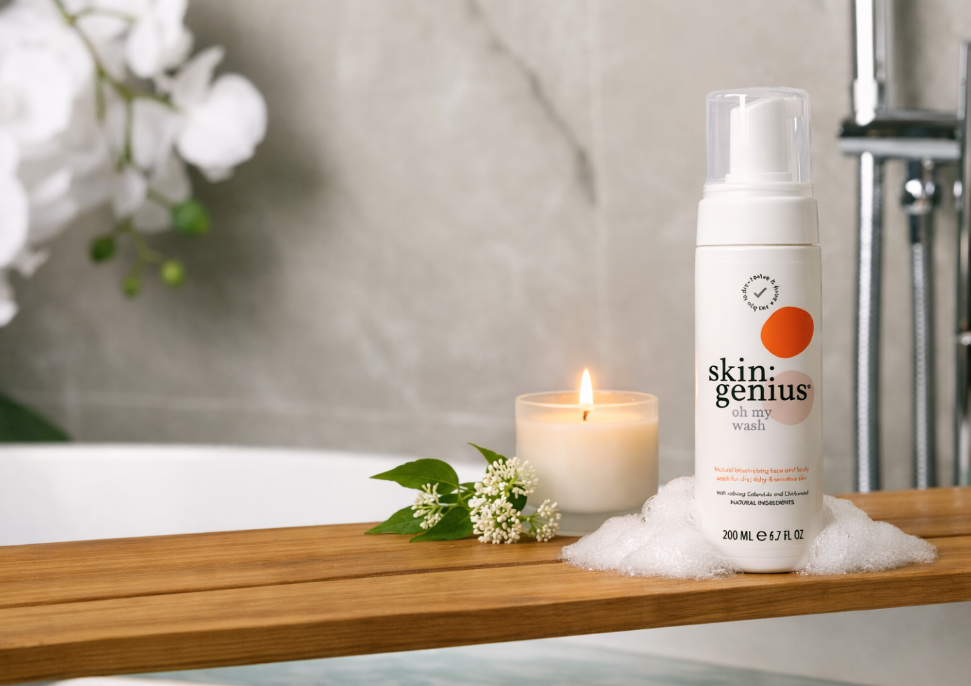 A bottle of Skin Genius Oh My Wash on the edge of a bath with a lighted candle and some calendula