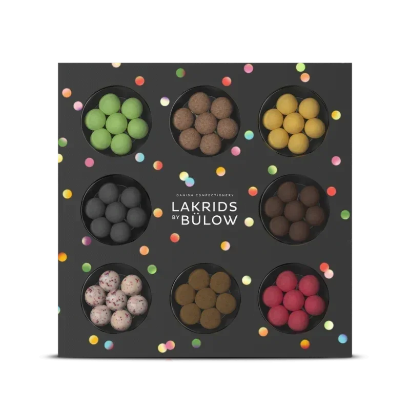 A gift box of Lakrids by Bulow liquorice balls in different colours