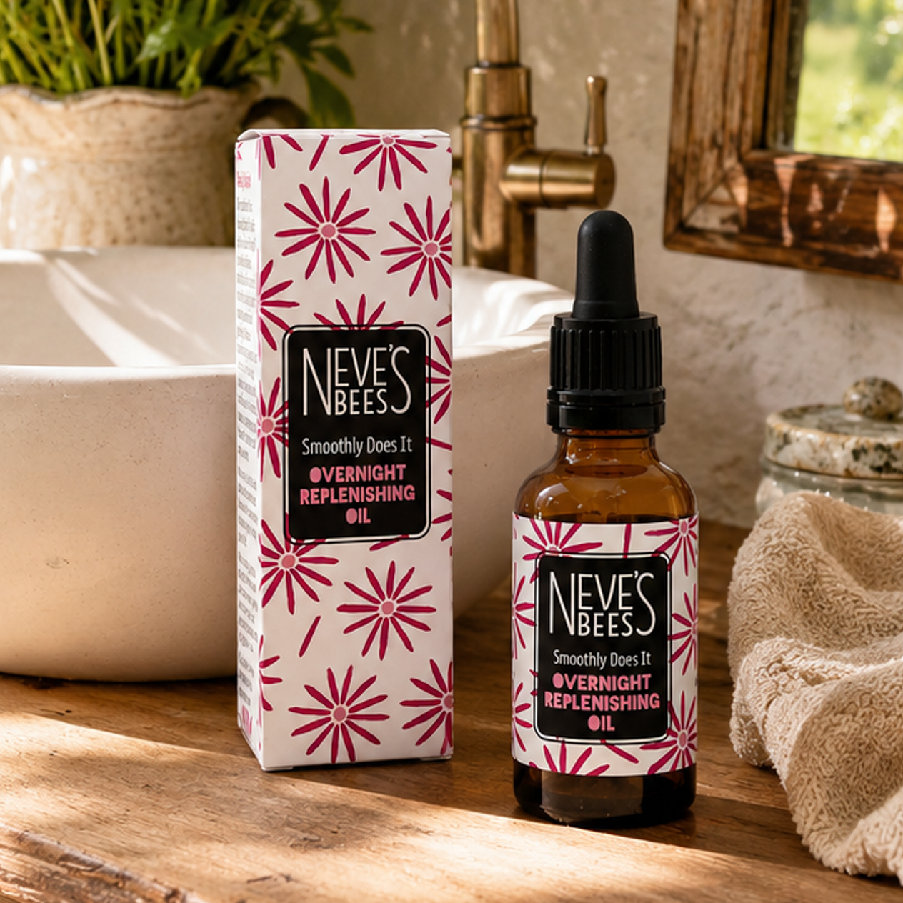 Neve's Bees Smoothly Does It oil bottle next to its box in a bathroom setting.