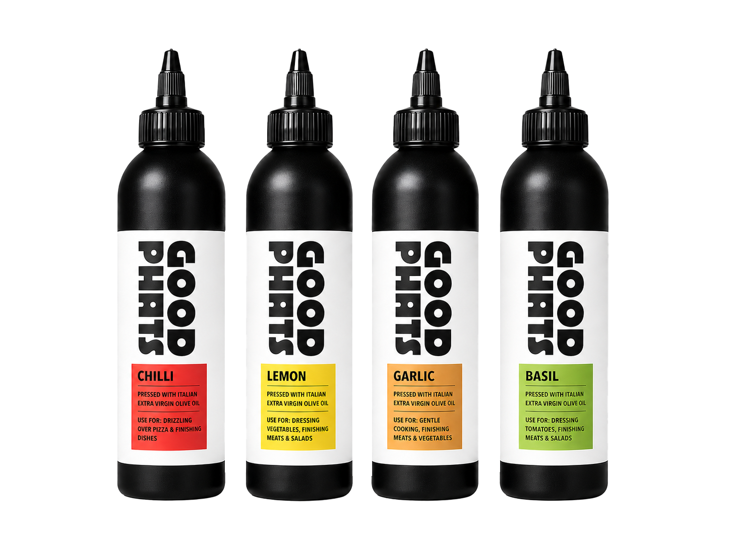 Row of four colourful squeezy bottles of Good Phats oils