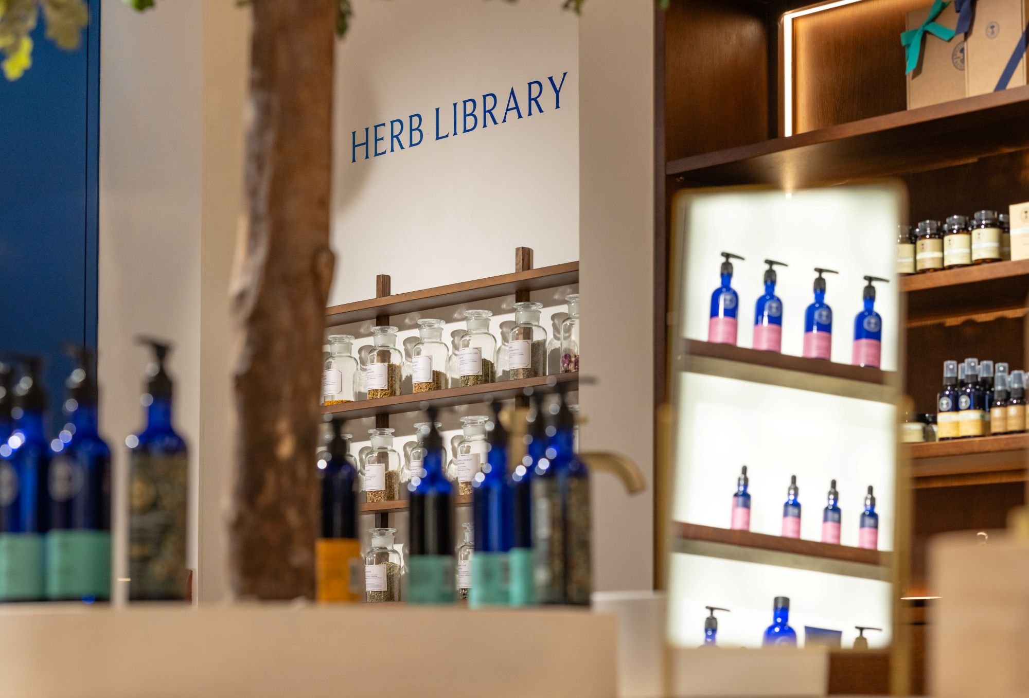 Bottles of herbs and products at the herb library at Neal's Yard in Manchester