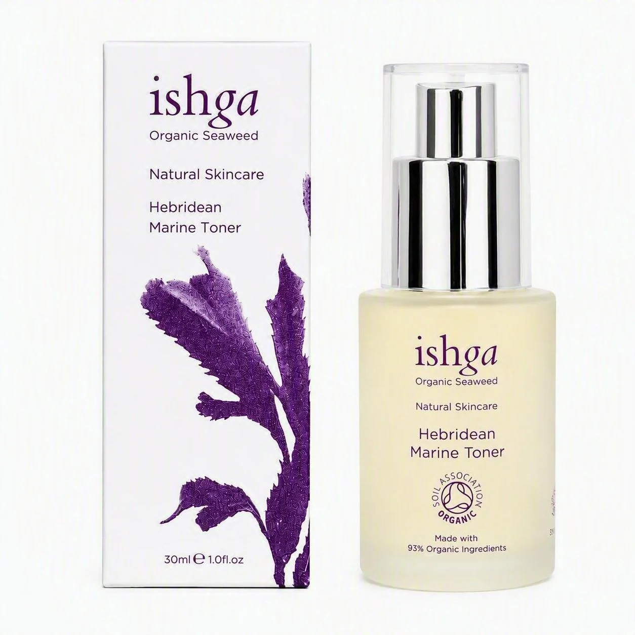 A bottle of Ishga Hebridean Marine Toner next to its box.