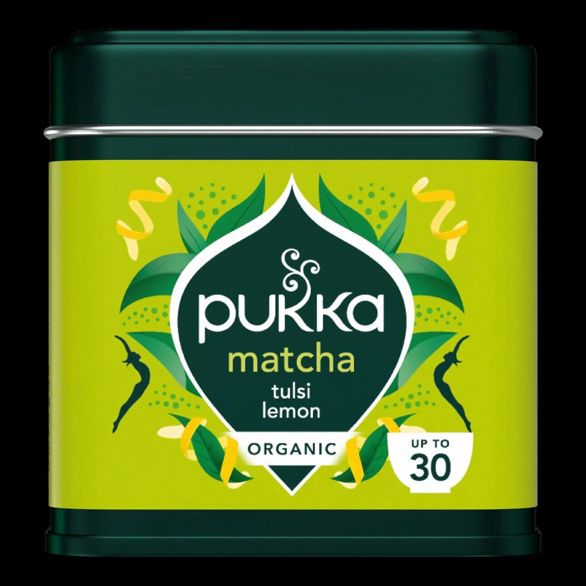 Tin of Pukka Matcha Tulisi Lemon in shades of green.