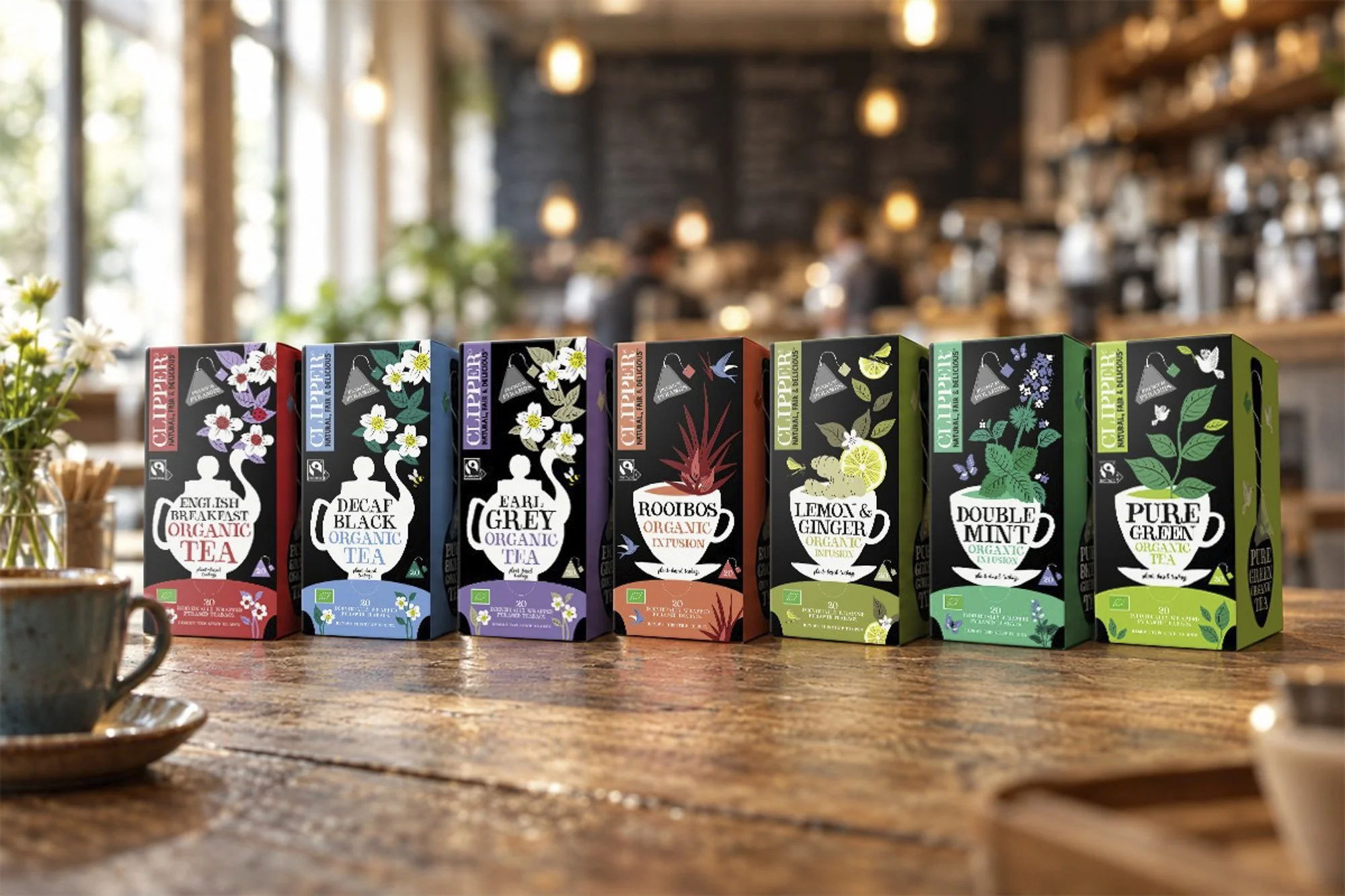 Clipper tea range displayed on a café table, featuring seven organic tea varieties in illustrated packaging.