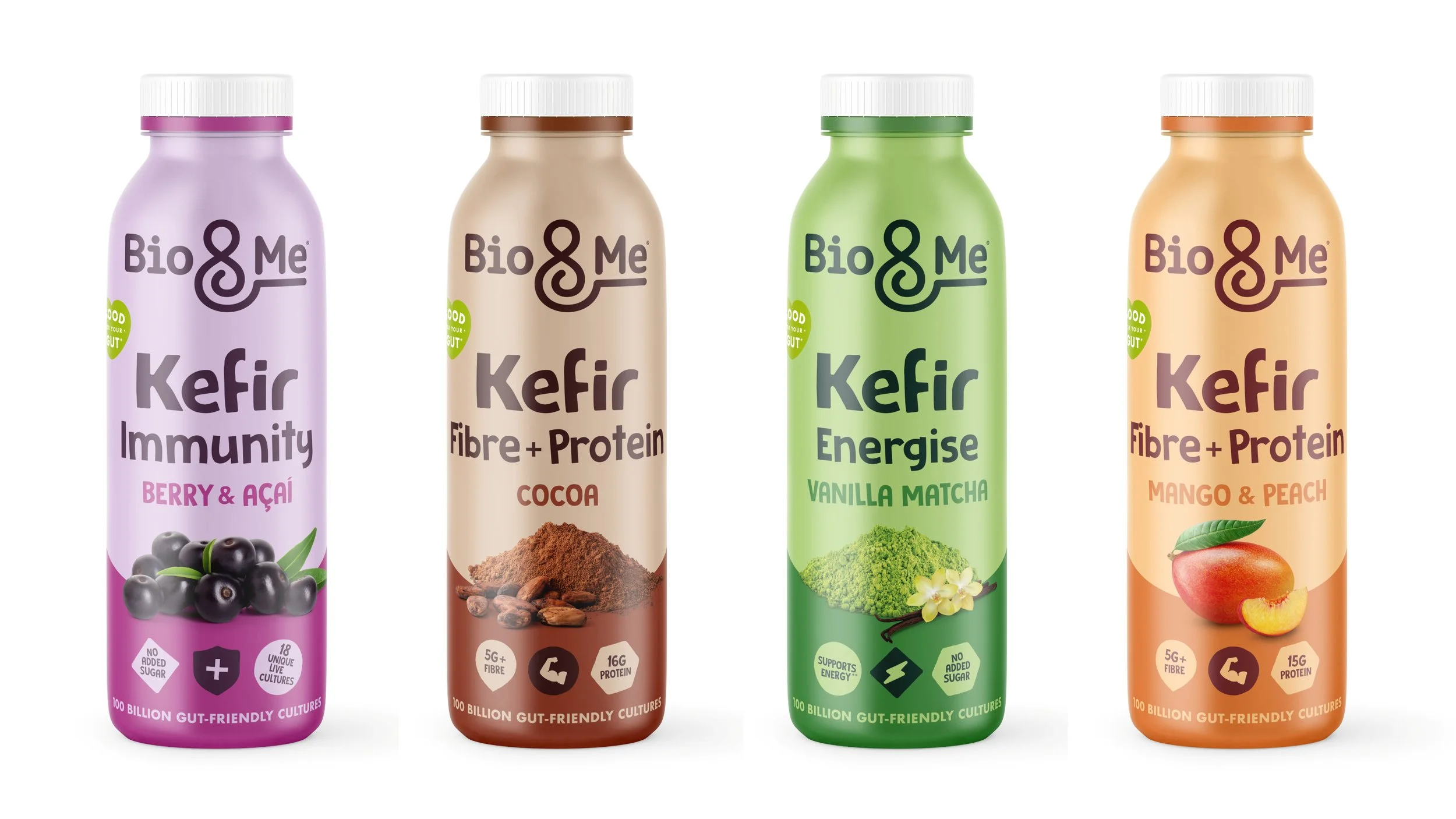 Four bottles of Bio&Me kefir drinks displayed side by side against a plain background.