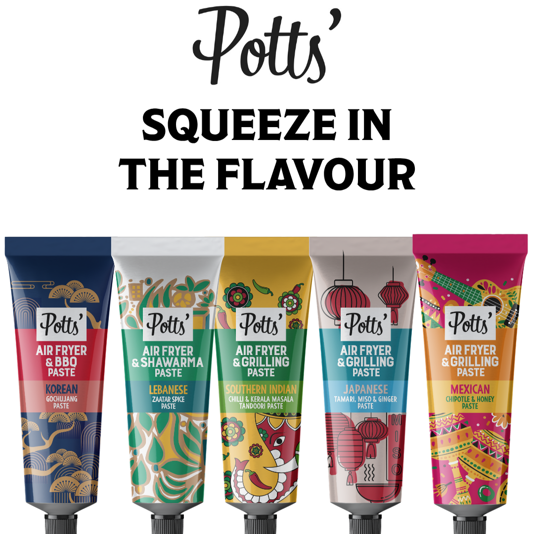 Pott's range of air fryer pastes in tubes underneath the words Potts squeeze in the flavour.