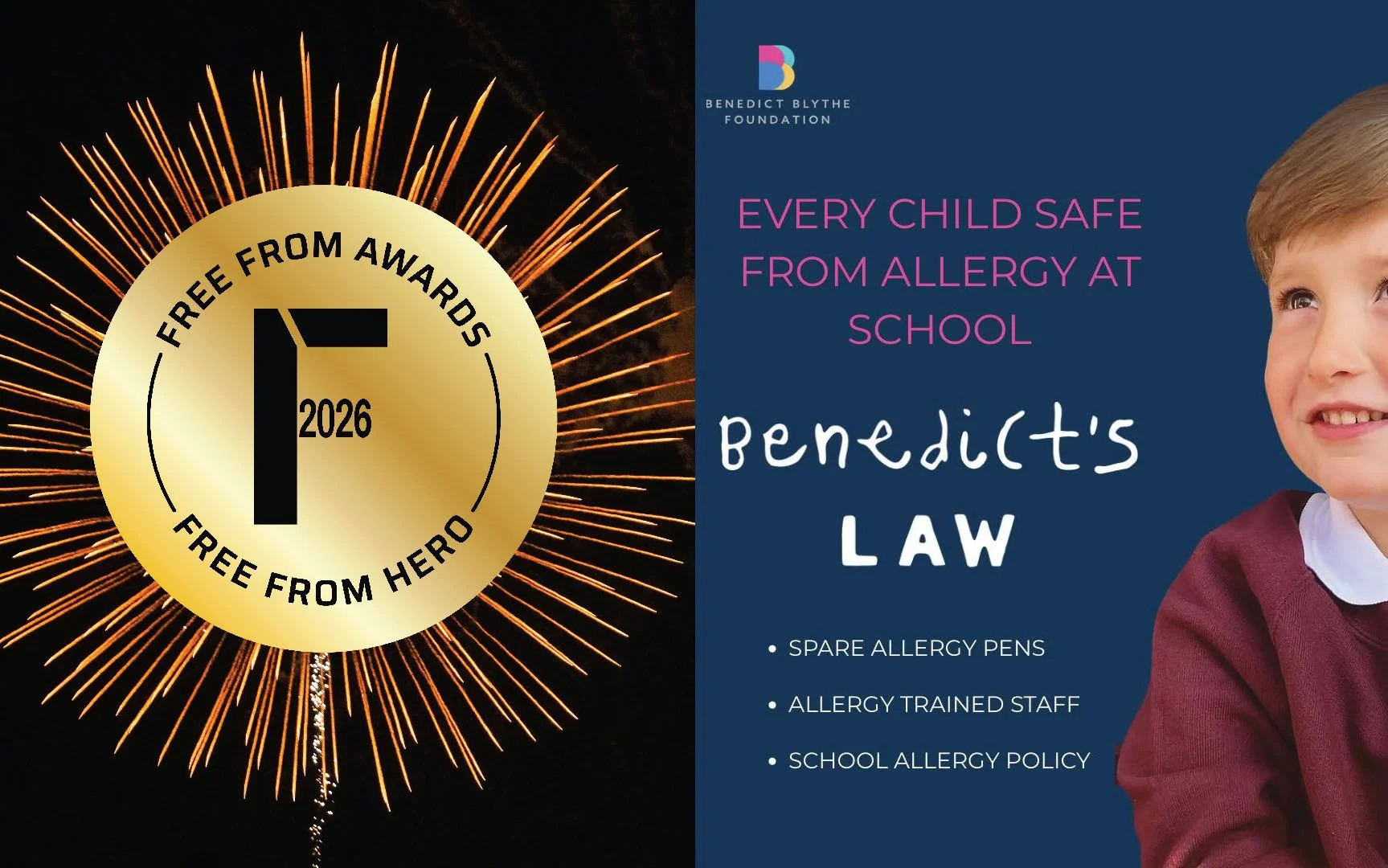 Logo with 'Free From Food Awards 2026' plus details on Benedict's Law on the right.