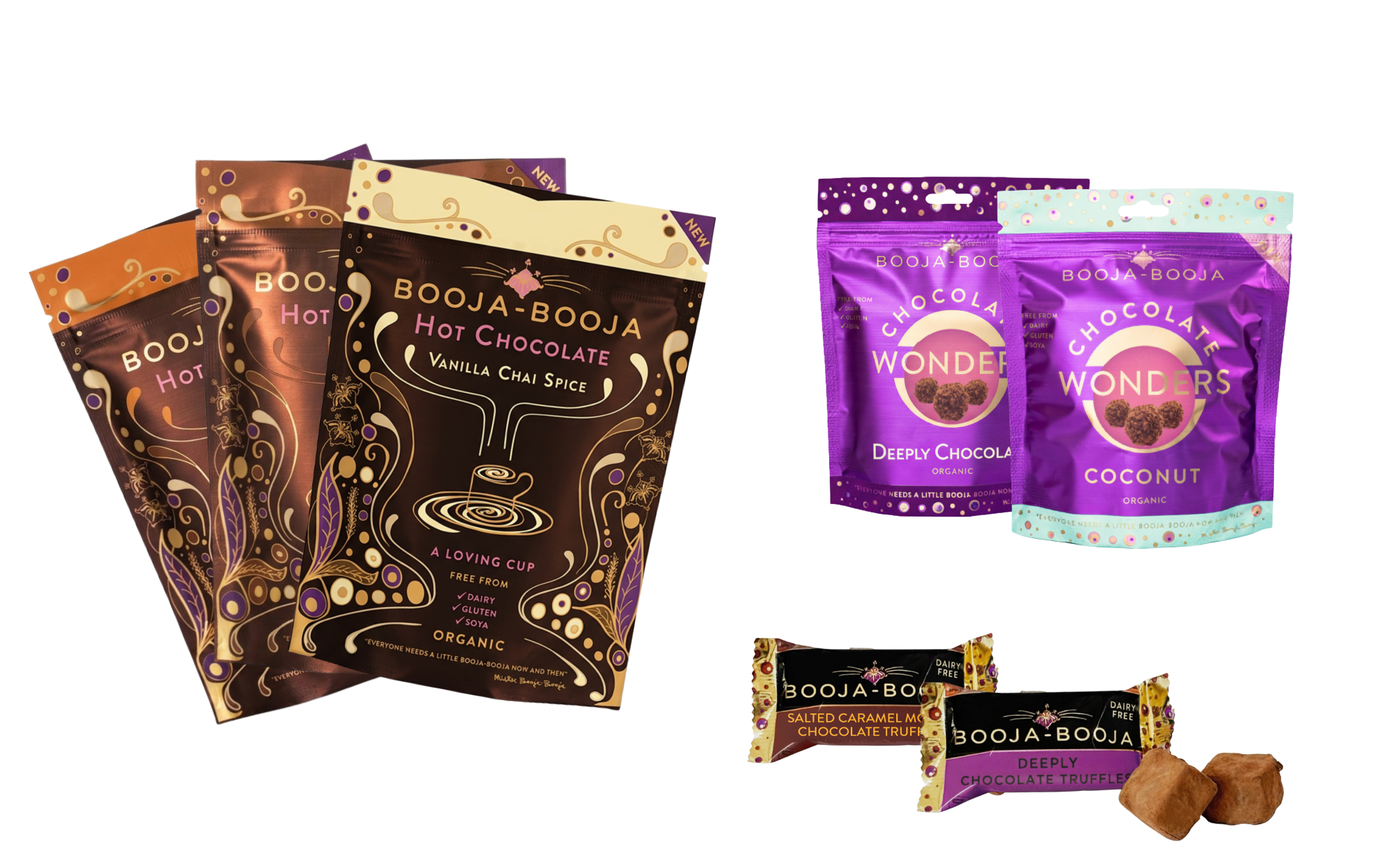 Booja-Booja organic chocolate range, including hot chocolate pouches, truffle packs and individual wrapped truffles.