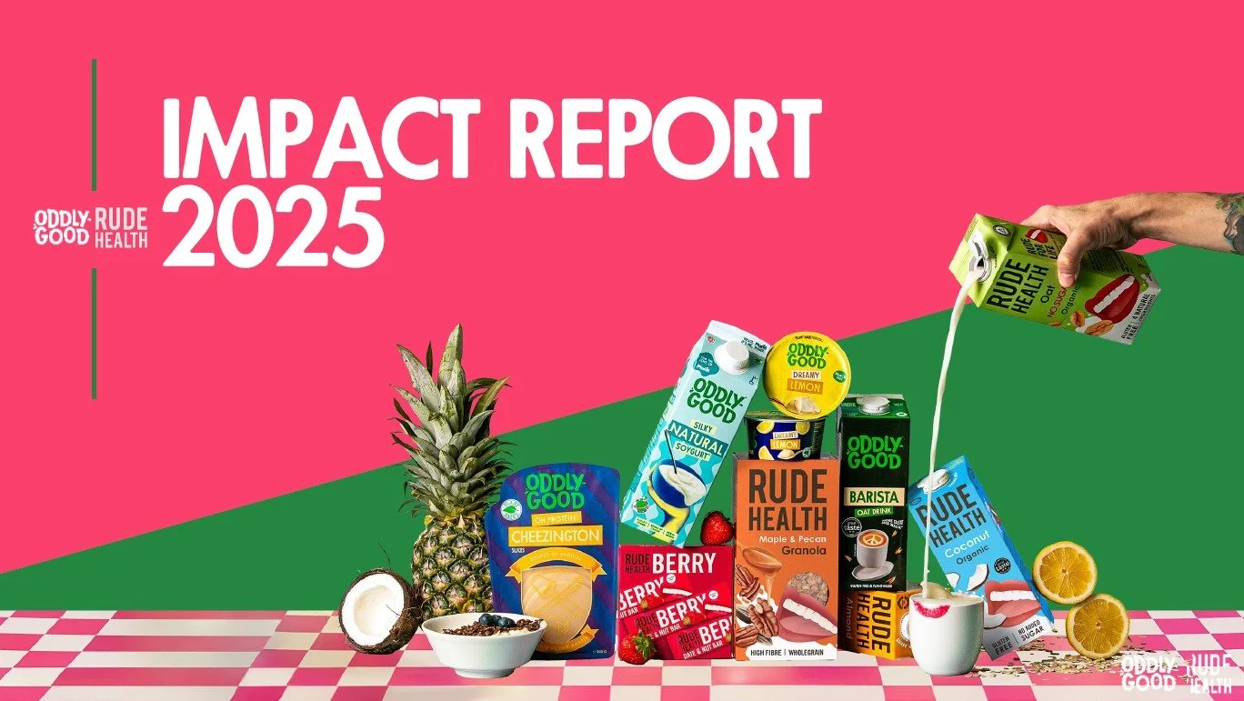 The cover of Rude Health's Impact Report featuring a range of Rude Health and Oddly Good products