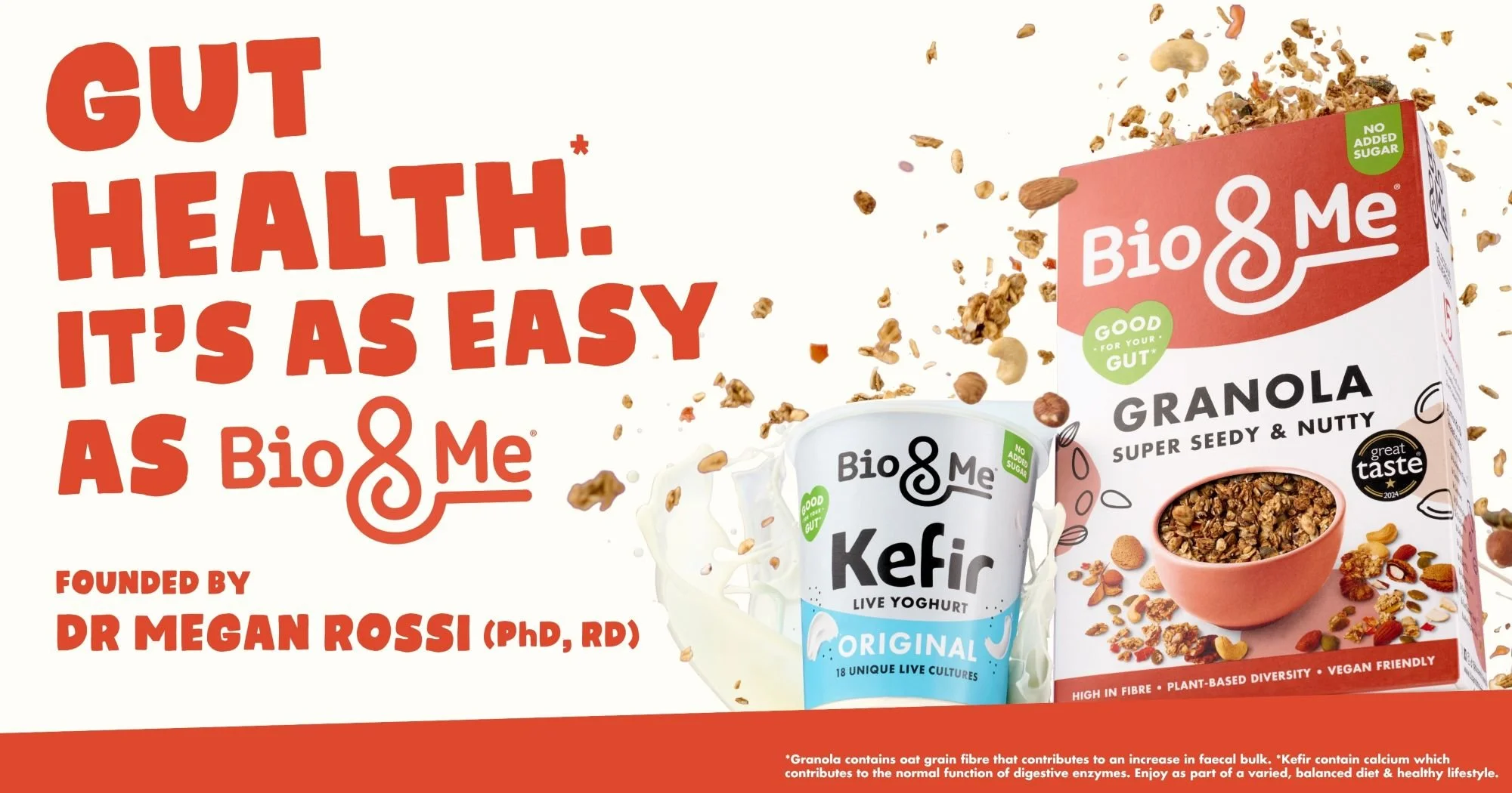 Bio&Me advert featuring an explosion of a pot of yoghurt and a pack of granola.