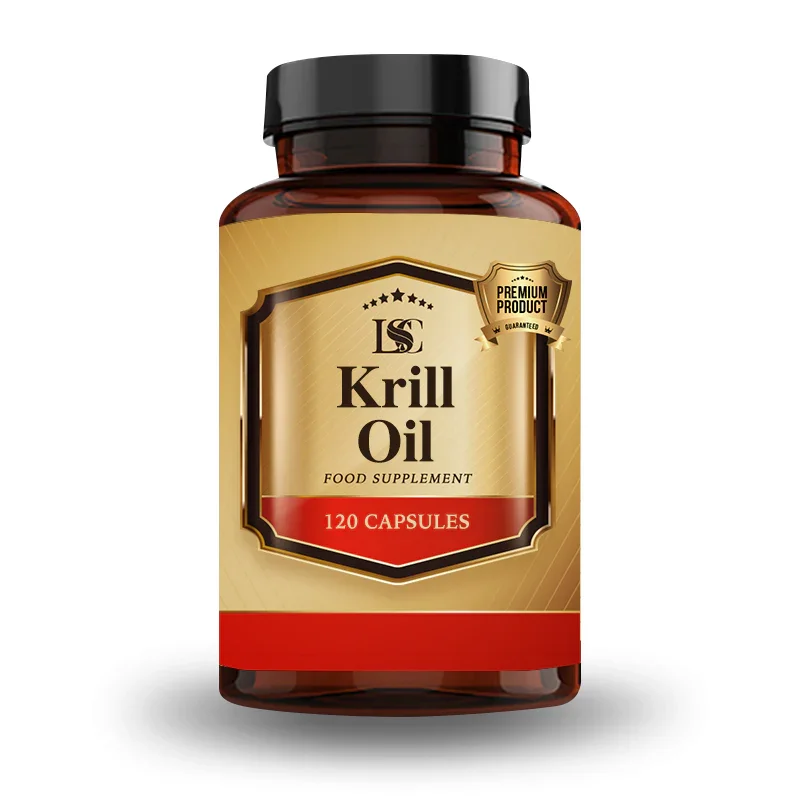 Bottle of LSC Krill Oil capsules with gold and red label.