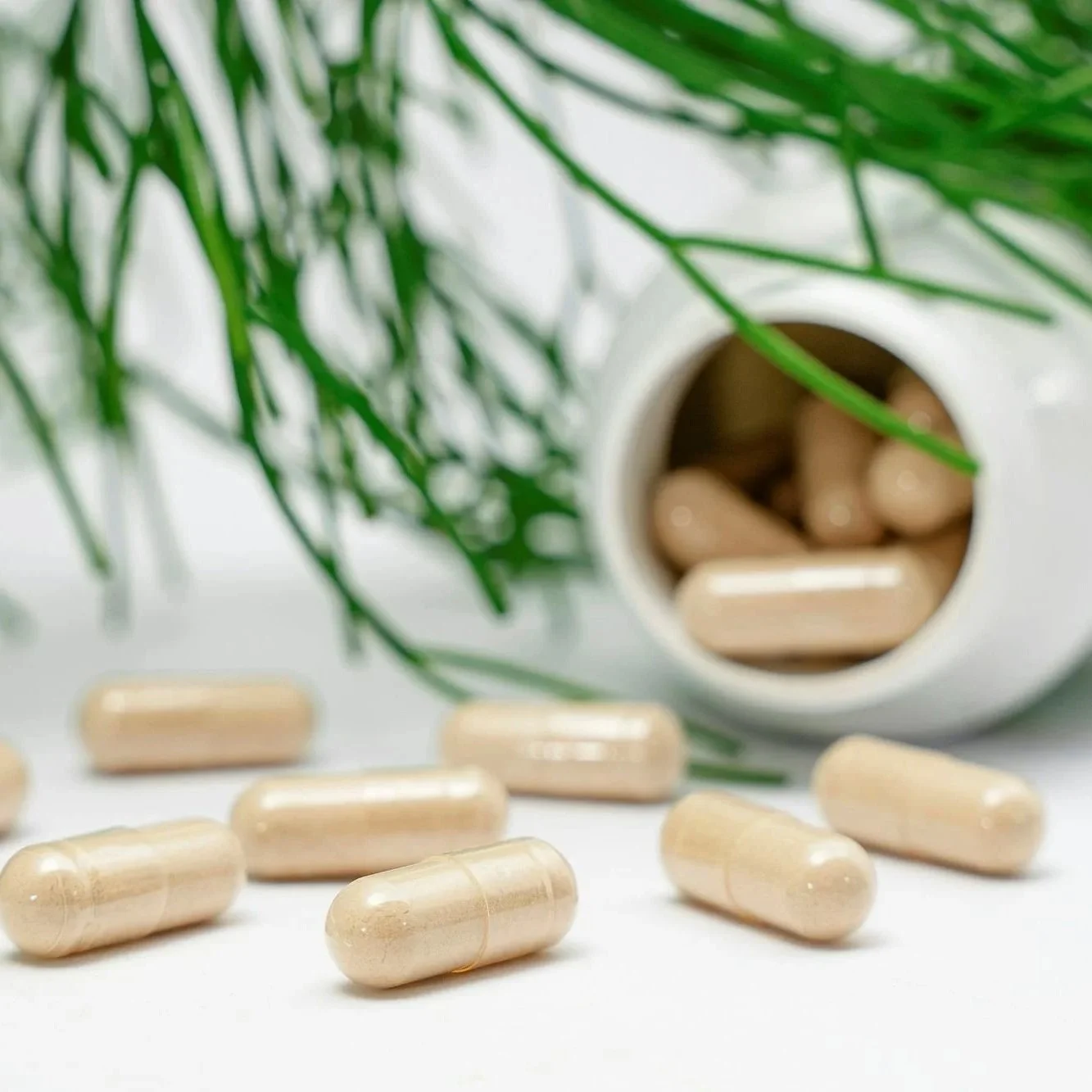 Beige supplement capsules scattered from an open bottle with green foliage in the background.
