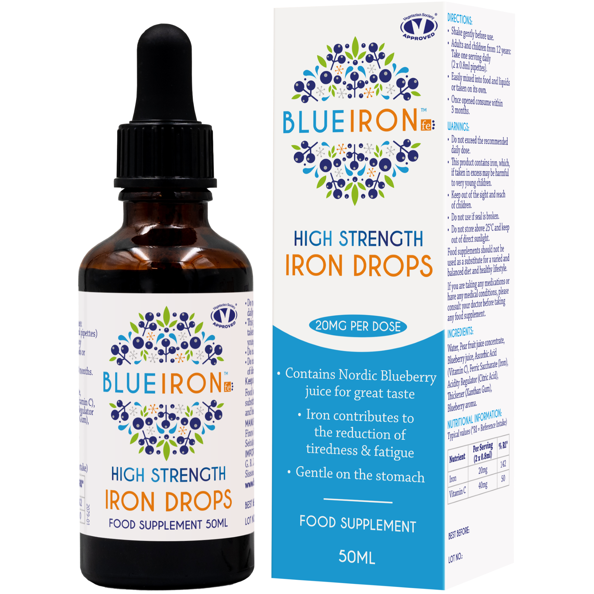 BlueIron High Strength Drops Bottle alongside its box