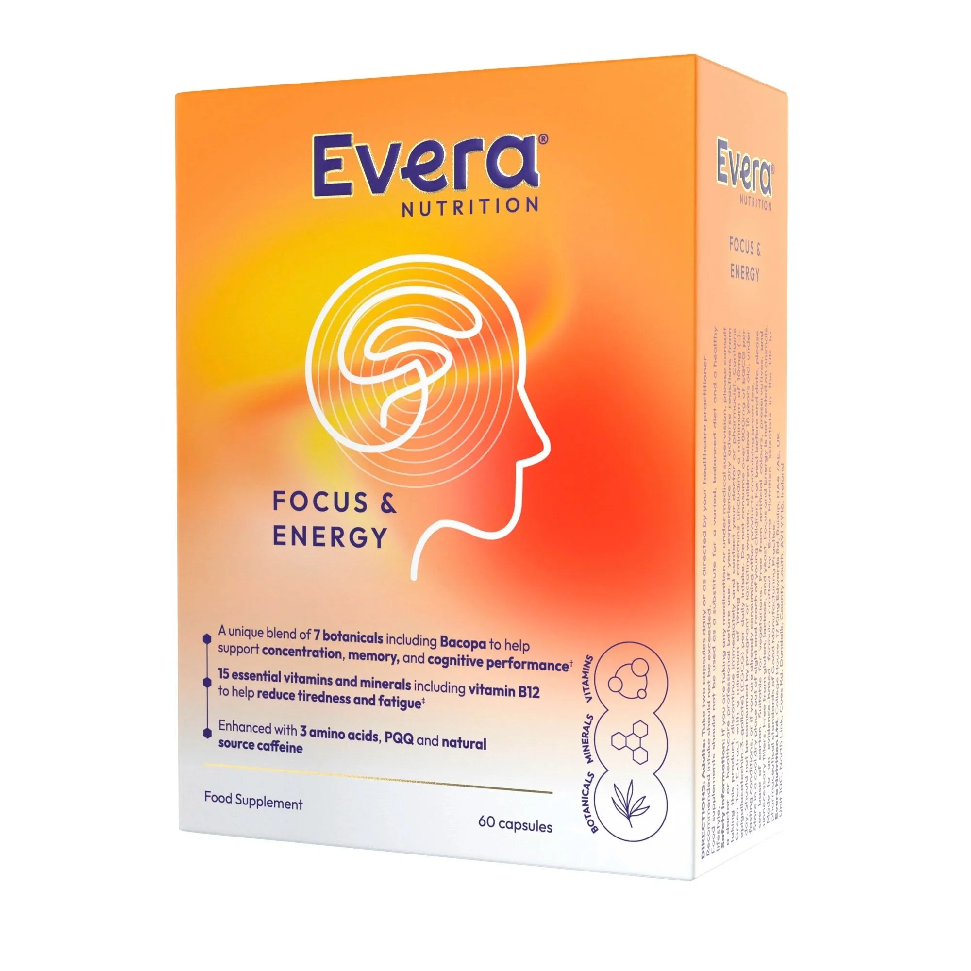 Orange box of Evera Nutrition Focus and Energy supplement.