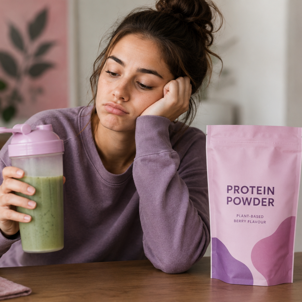 Person holding a green protein shake beside a packet of plant-based berry-flavoured protein powder on a table