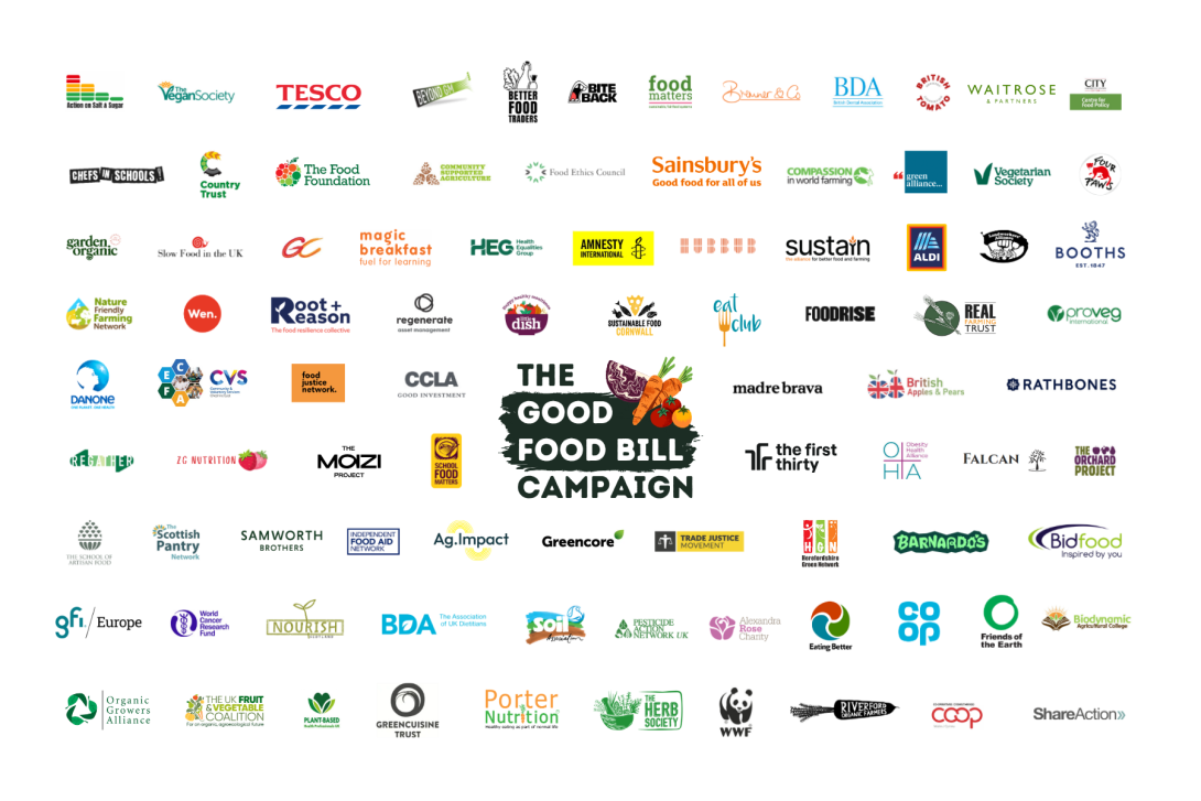 Logos of over 100 industry leaders such as Sainsbury's, The Food Foundation and Soil Association on a white background