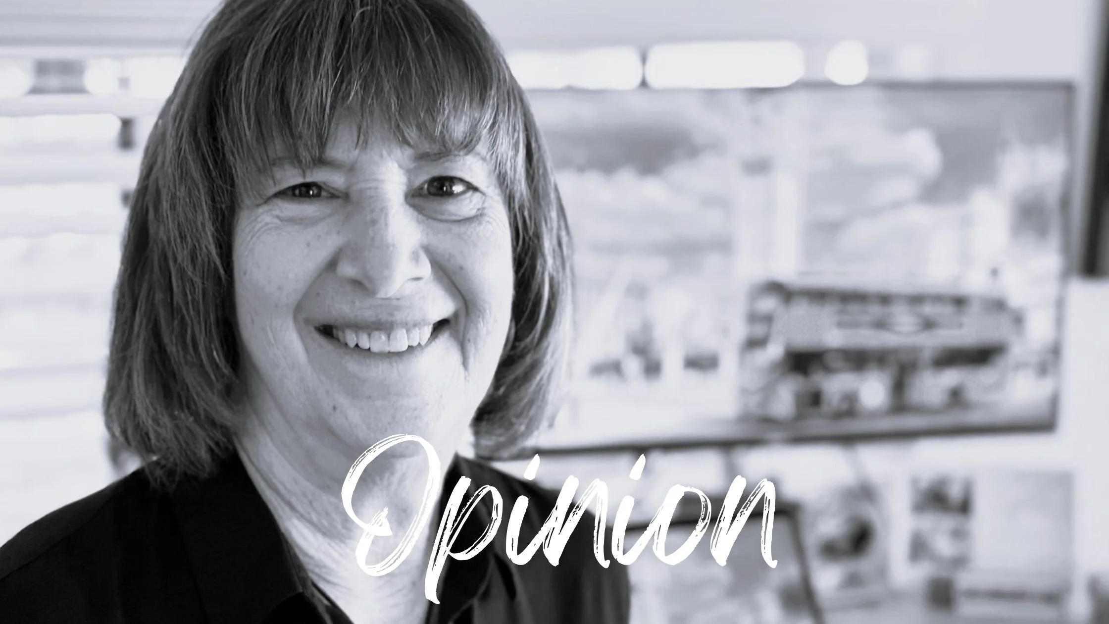 Black and white photo of natural products expert Mary Allen with the word Opinion in white at the bottom.