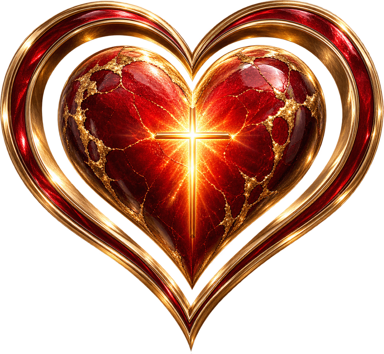 Gold and red heart surrounding a cross, representing Christian faith and love.