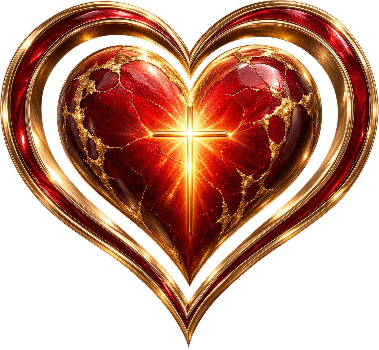 Red and gold heart with a glowing central cross, representing hope through Christ.