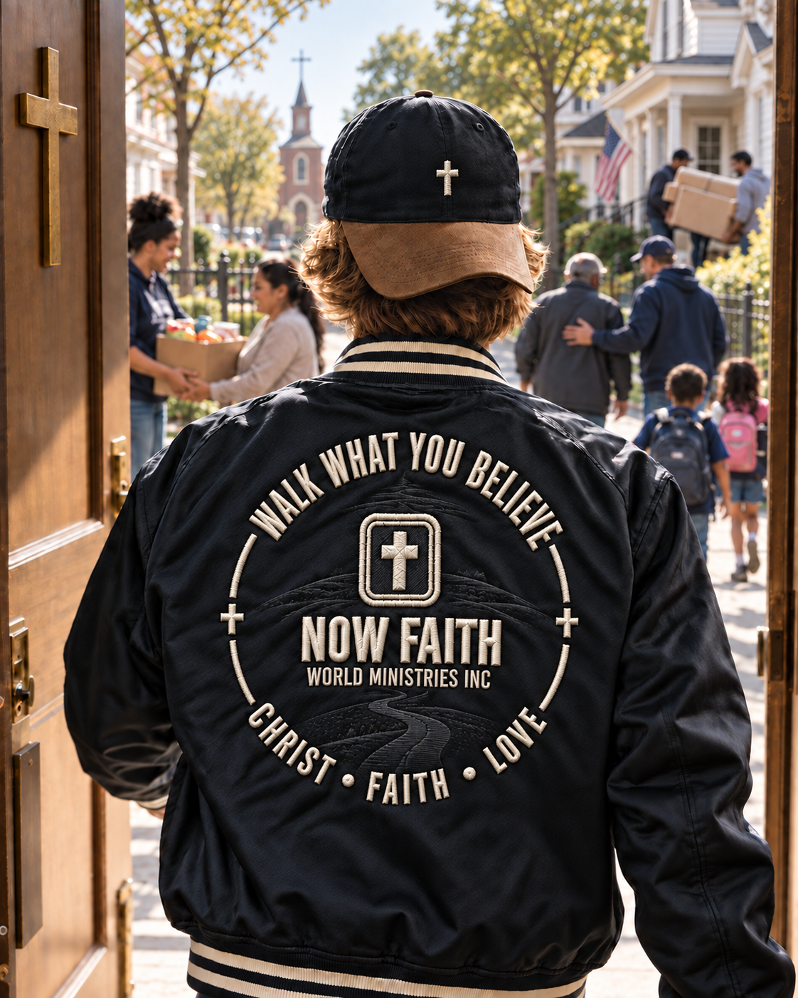 A person wearing a Now Faith Vision jacket at a church doorway overlooking community outreach.
