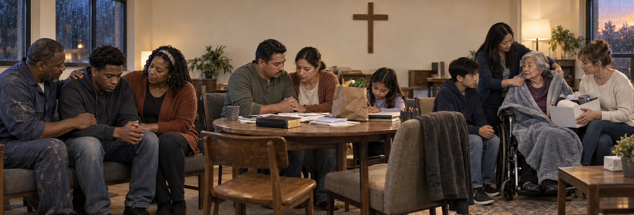 A diverse group of people praying together in a church setting, with a cross on the wall behind them.