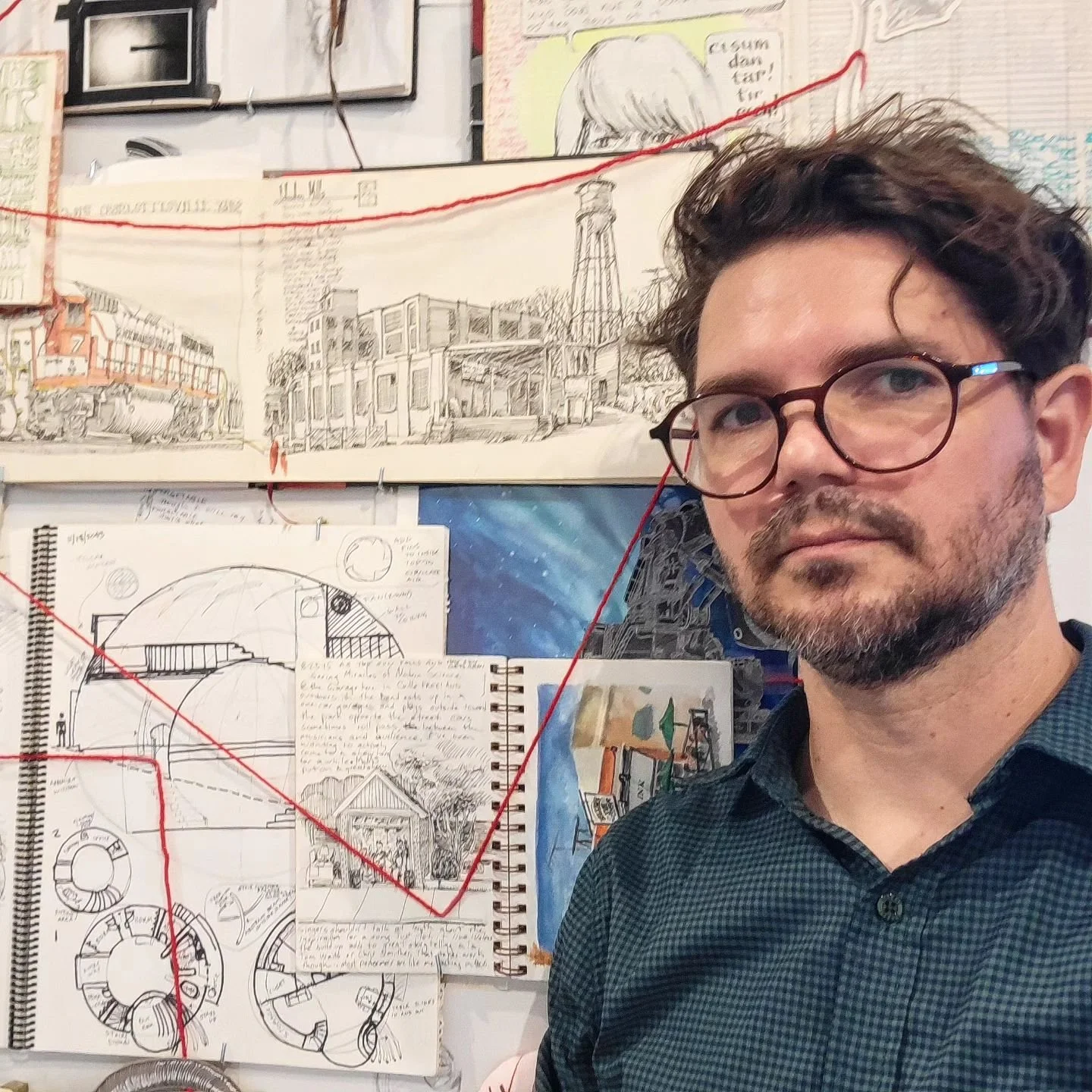 Come on out to @pvccarts this Friday to see the excellent group of artists collected for the exhibit "Process = Progress: Peeking Behind the Curtain of Creativity." This is my wall of Sketchbooks. This collection highlights pages from over 