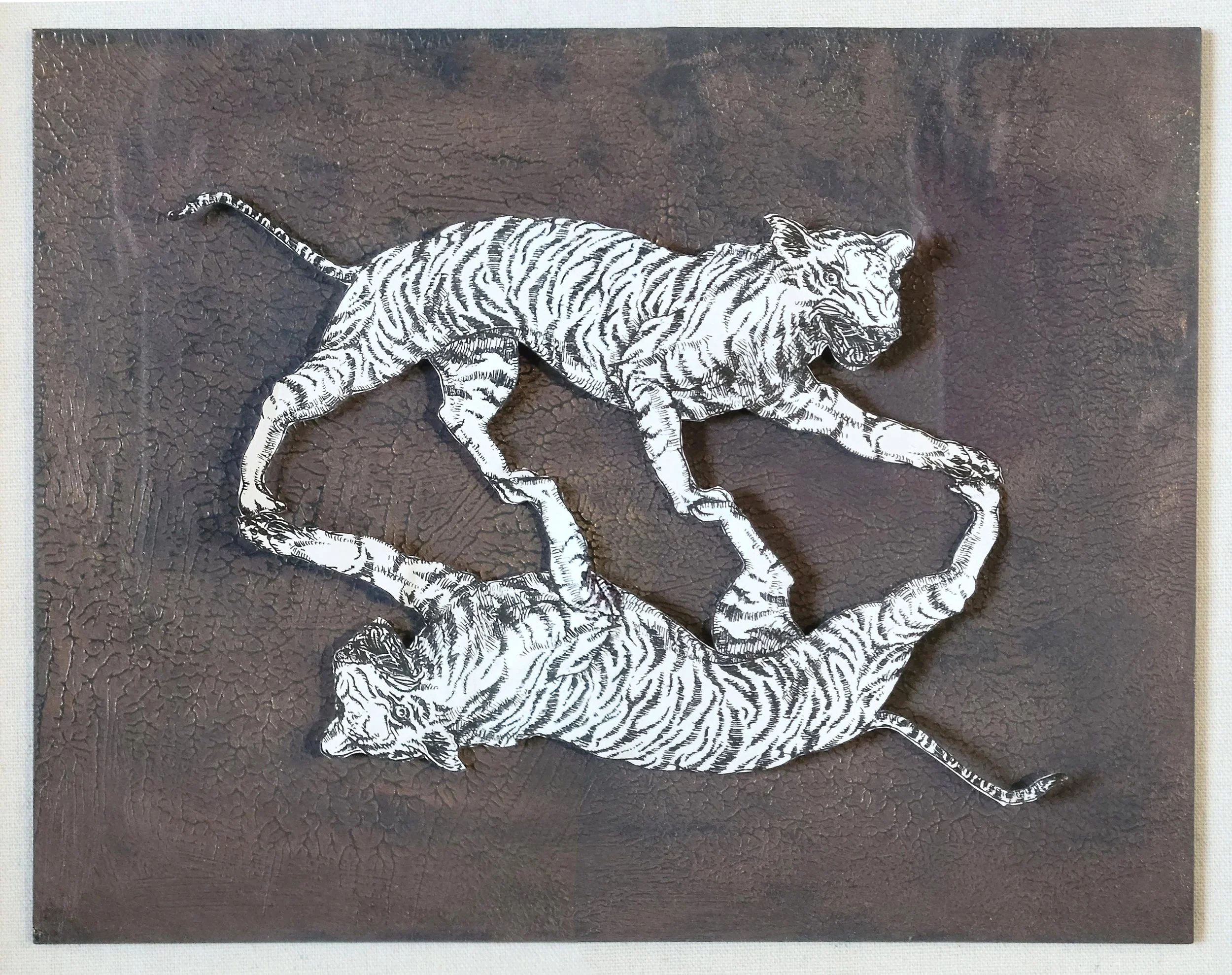 Twin Machines: Two Tigers, 14" x 11", Ink and Paint on Paper and Panel