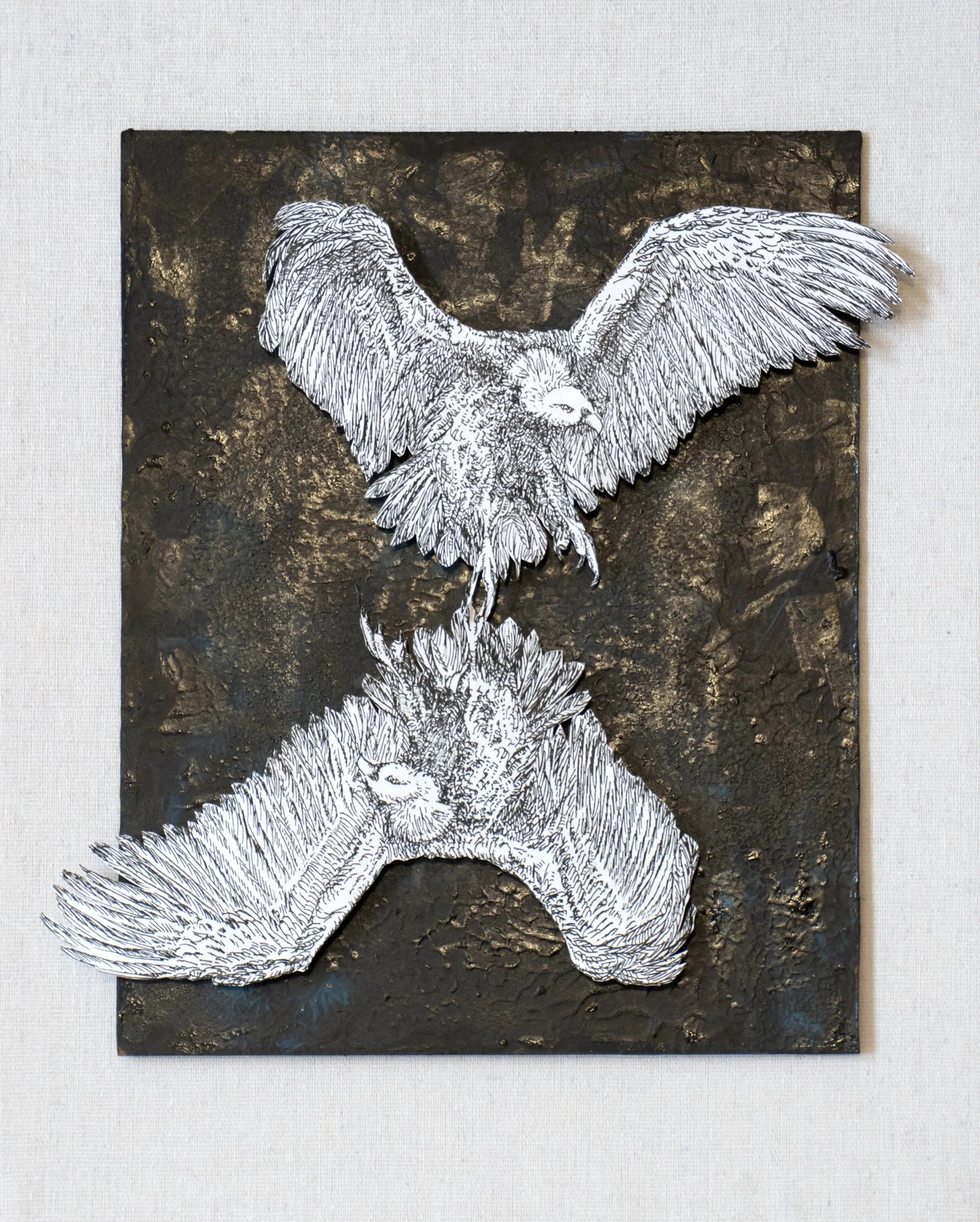 Twin Machines: One Stone, 14" x 11", Ink and Paint on Paper and Panel