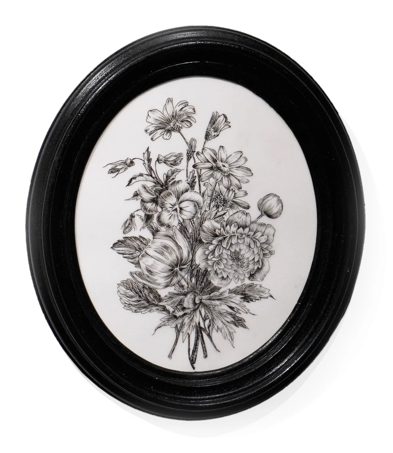 Arrangement of Flowers, framed 12" x 16", ink on mylar in wooden frame