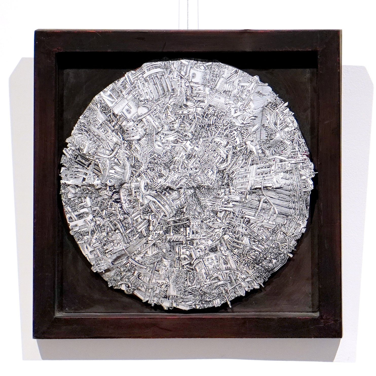 Planet of Sound, 14" x 14", Collage and Ink on paper and metal