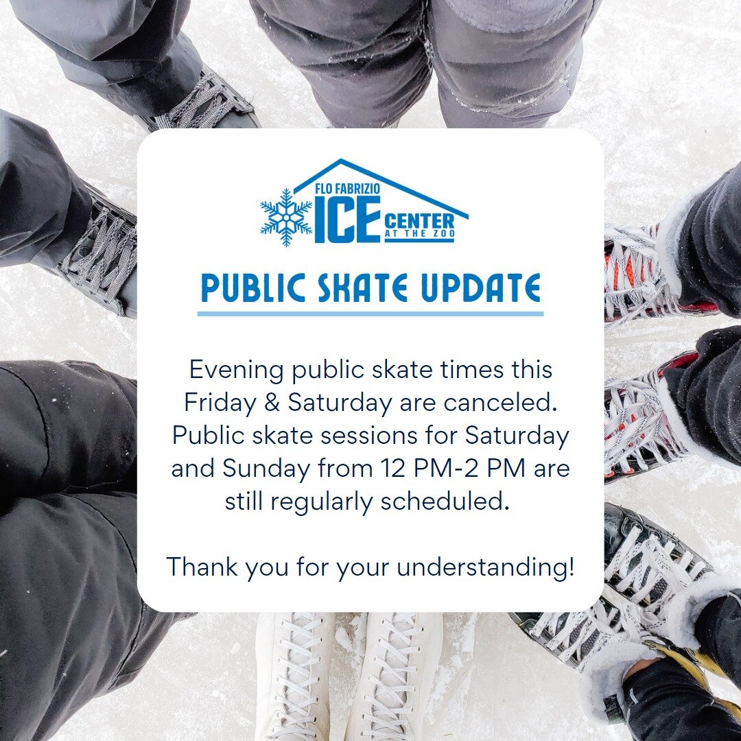 Evening Public Skate this Friday, February 24th and Saturday, February 25th are canceled. We will still hold our regularly scheudled public skating on Saturday and Sunday from 12 PM-2 PM. This is our last weekend of Public Skating for the season! We 