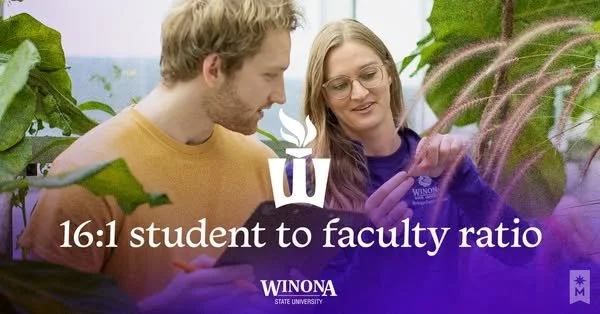 A man and woman examining plants in a greenhouse or botanical setting, with a graphic overlay displaying '16:1 student to faculty ratio' and the Winona State University logo.