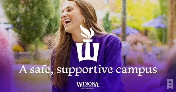 A smiling woman outdoors with trees and purple flowers in the background, wearing a purple sweatshirt. The image includes the Winona State University logo and the text 'A safe, supportive campus'.