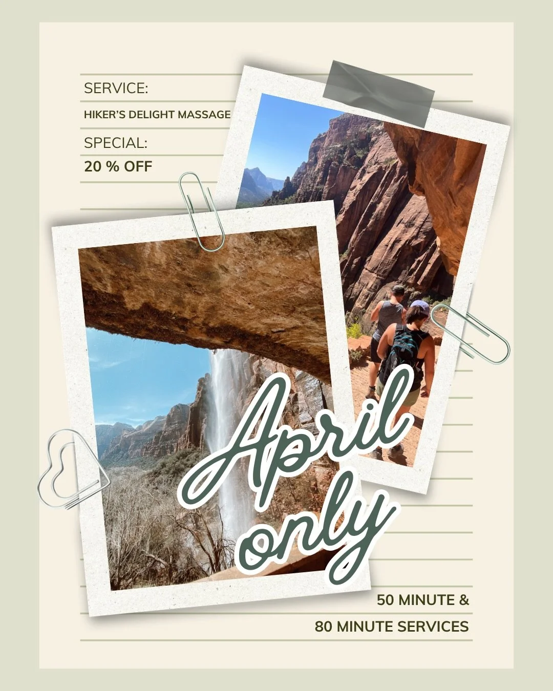 Our Hiker's Delight Massage has been curated by our Massage Therapists to provide you with the ULTIMATE relaxation after a long day on the trails🌿

Take advantage of 20% OFF both 50 Minute and 80 Minute Hiker's Delight Massages in the month of April