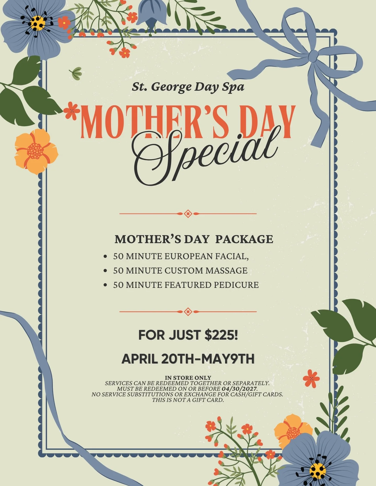 Mother's Day is just around the corner, and we're starting the celebration early! 💐

Starting April 20th, in store only! Treat mom, yourself, or anyone who deserves a little love to a full spa day for just $225.

Here's what's included:
🌷 50 Minute