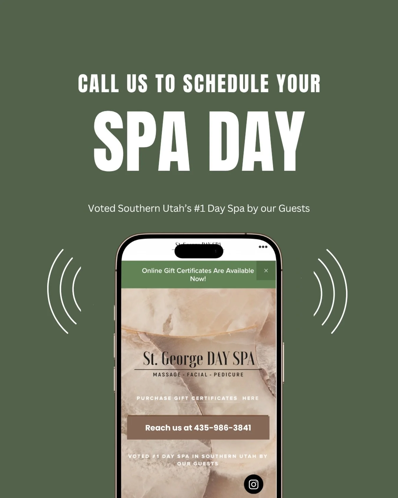Your spa day is just one call away!

📞 Call 435-986-3841 to book your massage, facial, or pedicure. We'll be waiting for you👀

#stgeorgedayspa #stgeorgeutah #utahspa #callme