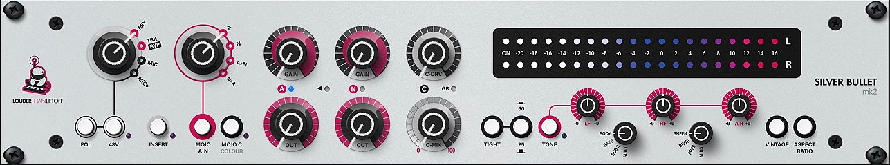Close-up of a Silver Bullet MK2 audio device front panel with controls, knobs, and LED meter.