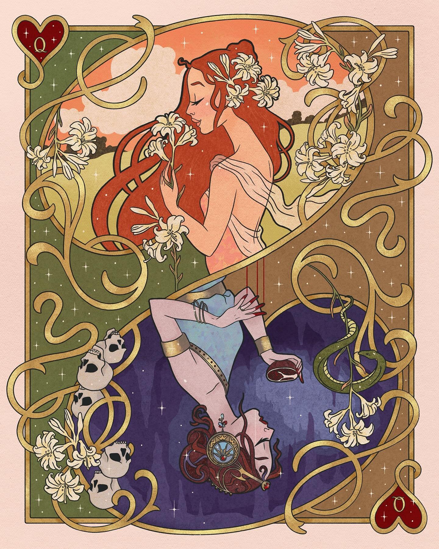New series alert! I&rsquo;m working on a mythology-inspired series and I want to make 4 queens for each suite in a card deck. If I feel ambitious, maybe I&rsquo;ll make jacks and kings (but as ladies of course lol)&hellip;I love the art nouveau style