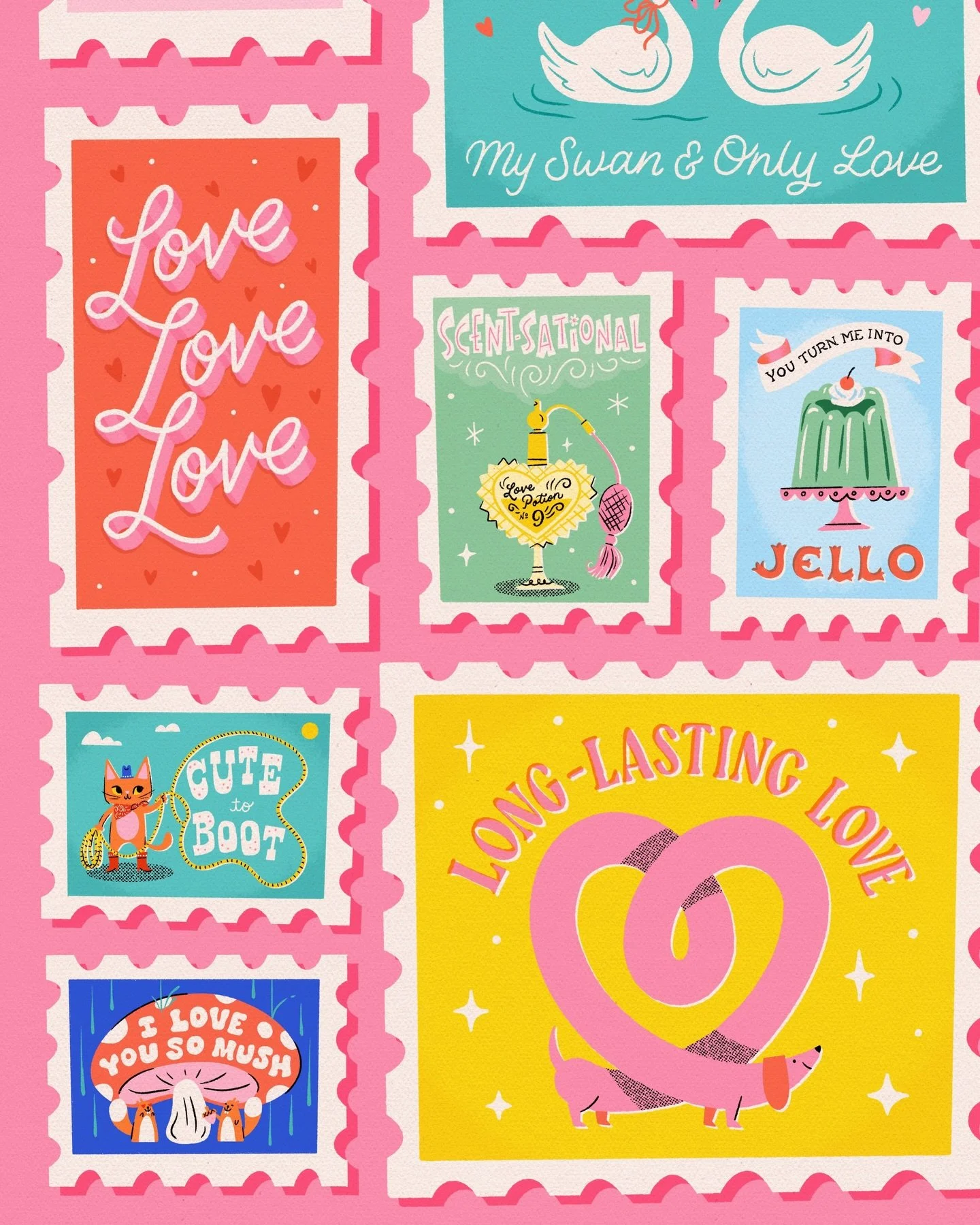 Sendin&rsquo; love to you this month! Here are some close-ups of a new piece I made for @jiggypuzzles !
.
Illustration - Nostalgic - Female Illustrator - Vintage Style - Stamps - Valentines Day - Hand Lettering