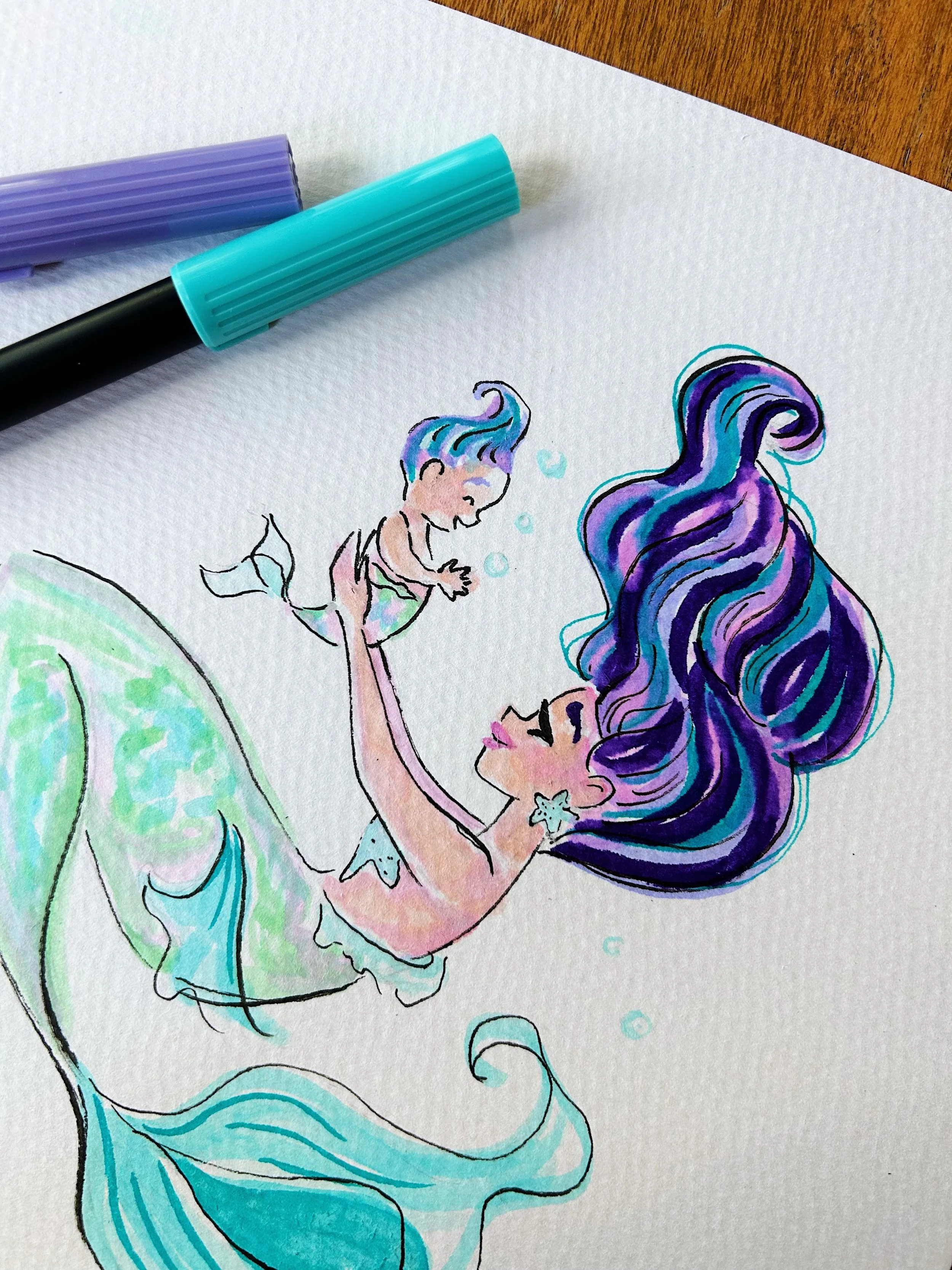 Just a mermaid mama &amp; her bubbly baby wishing you a Happy Mother&rsquo;s Day!
.
Illustration - Female Illustrator - Mothers Day - Mermaid Art - Women Who Draw
