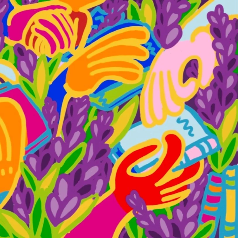 Colorful abstract illustration depicting multiple hands and books among purple flowers and green leaves.