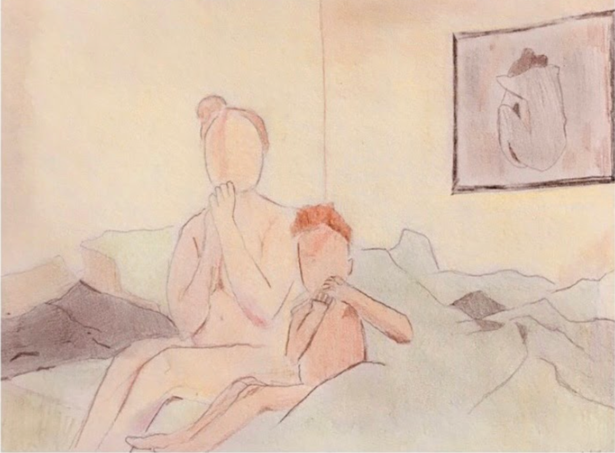 "Flossing with Mama", 
2020,
colored pencil
7.5" x 11"