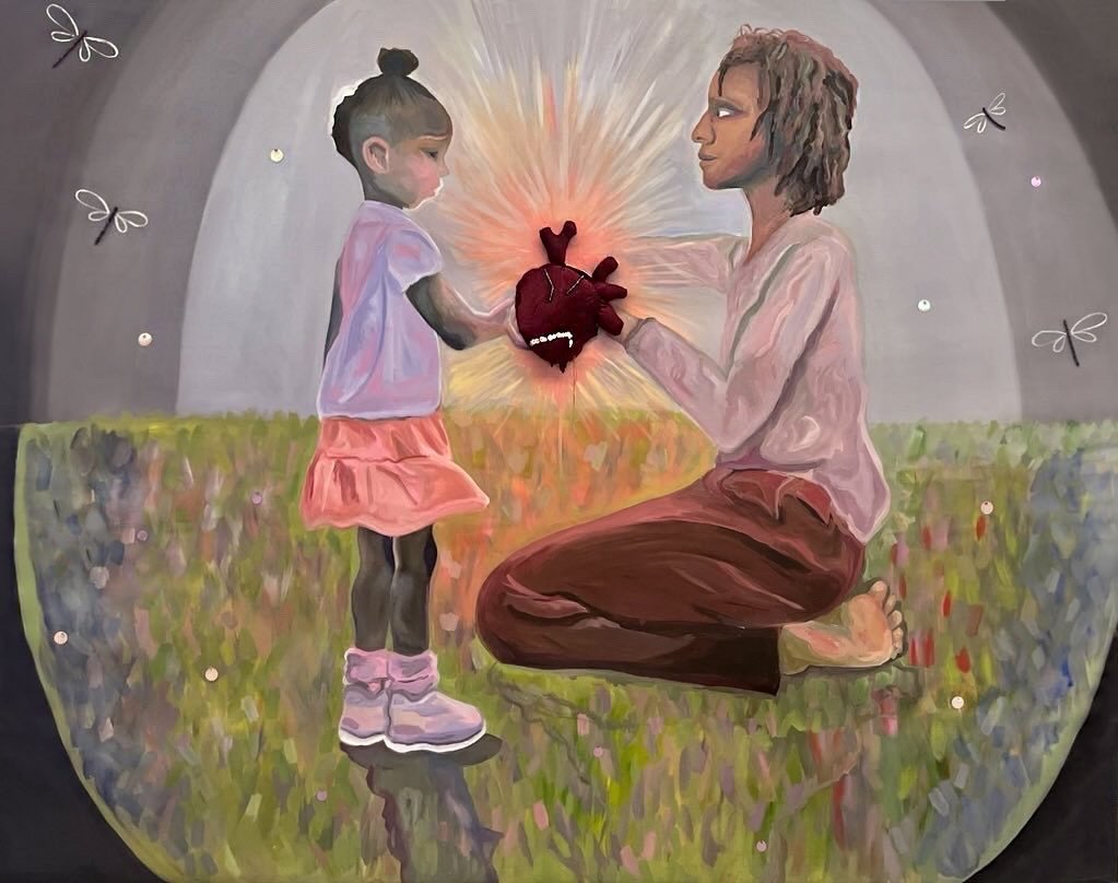 "I'll keep you safe", 2023, 55" x 75", oil paint, beading, sequins, and fabric