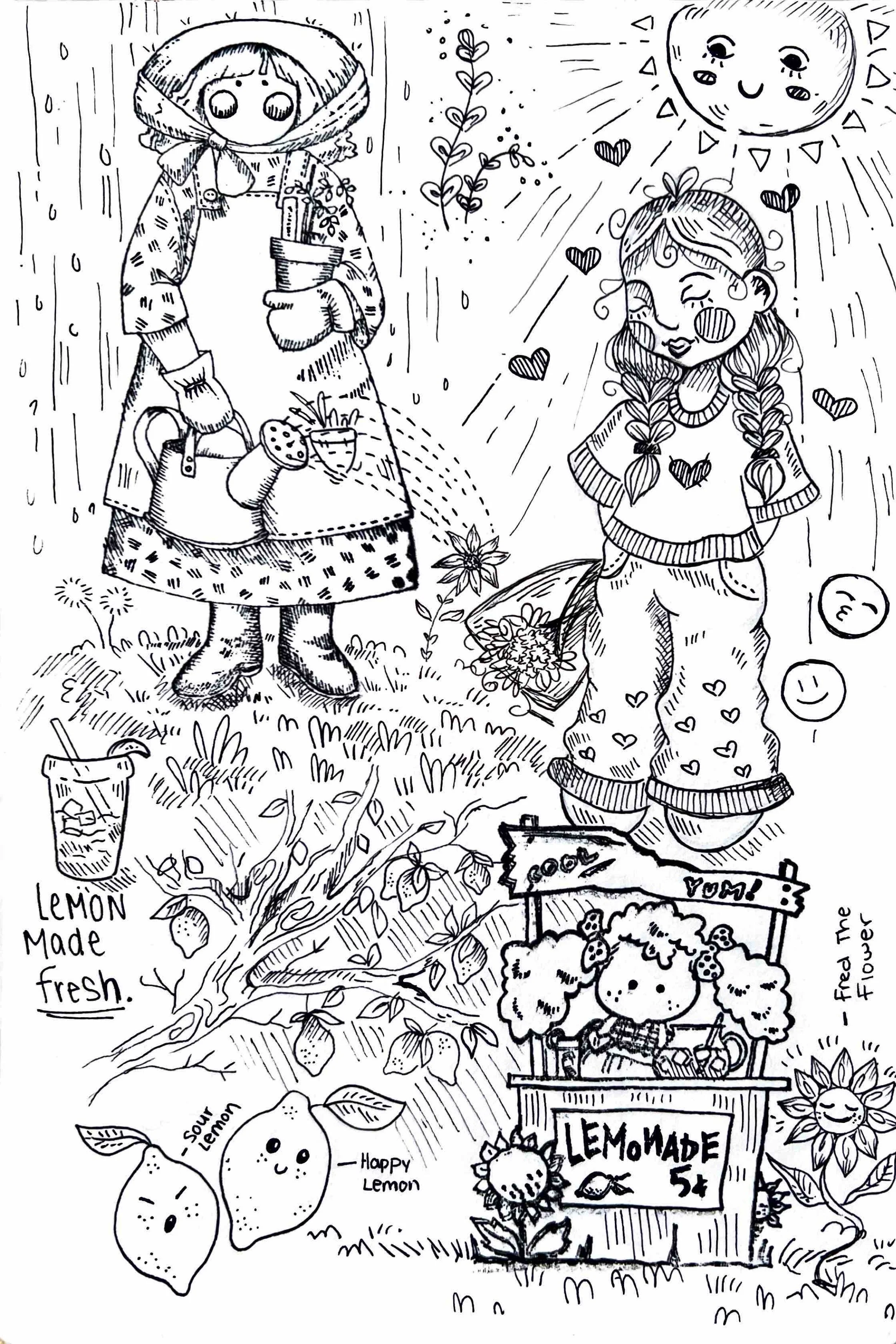 A whimsical black-and-white drawing of two girls in a garden. One girl holds a potted plant and a watering can, while the other has braided hair and is surrounded by hearts. There is a sun with a face, a smiling moon, a lemonade stand with a girl beh